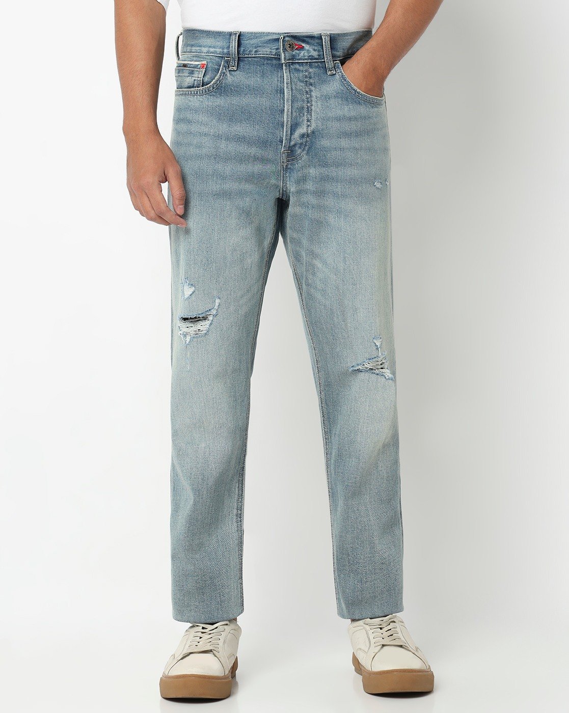 GAS | Nico Tapered Fit Mid Rise Mid Distress Light Wash Blue Jeans