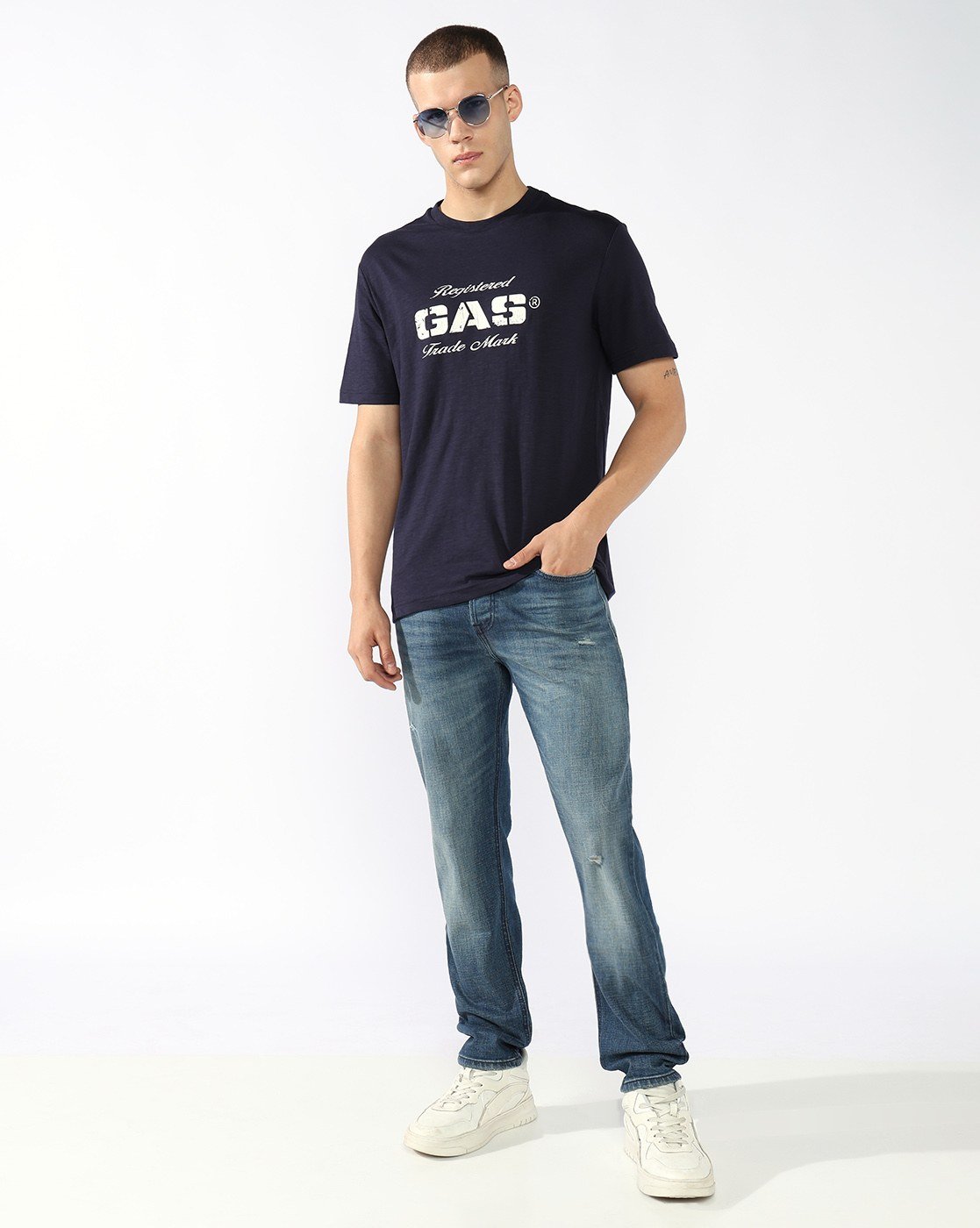 GAS | Nico Tapered Fit Mid Rise Light Distress Light Wash Blue Jeans