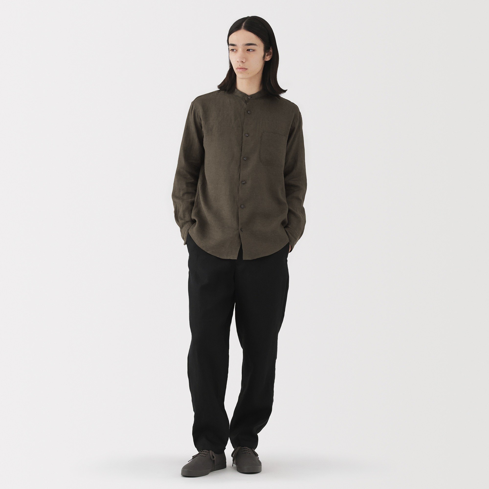 M's Washed linen stand collar L/Slv shirt (ASEAN)