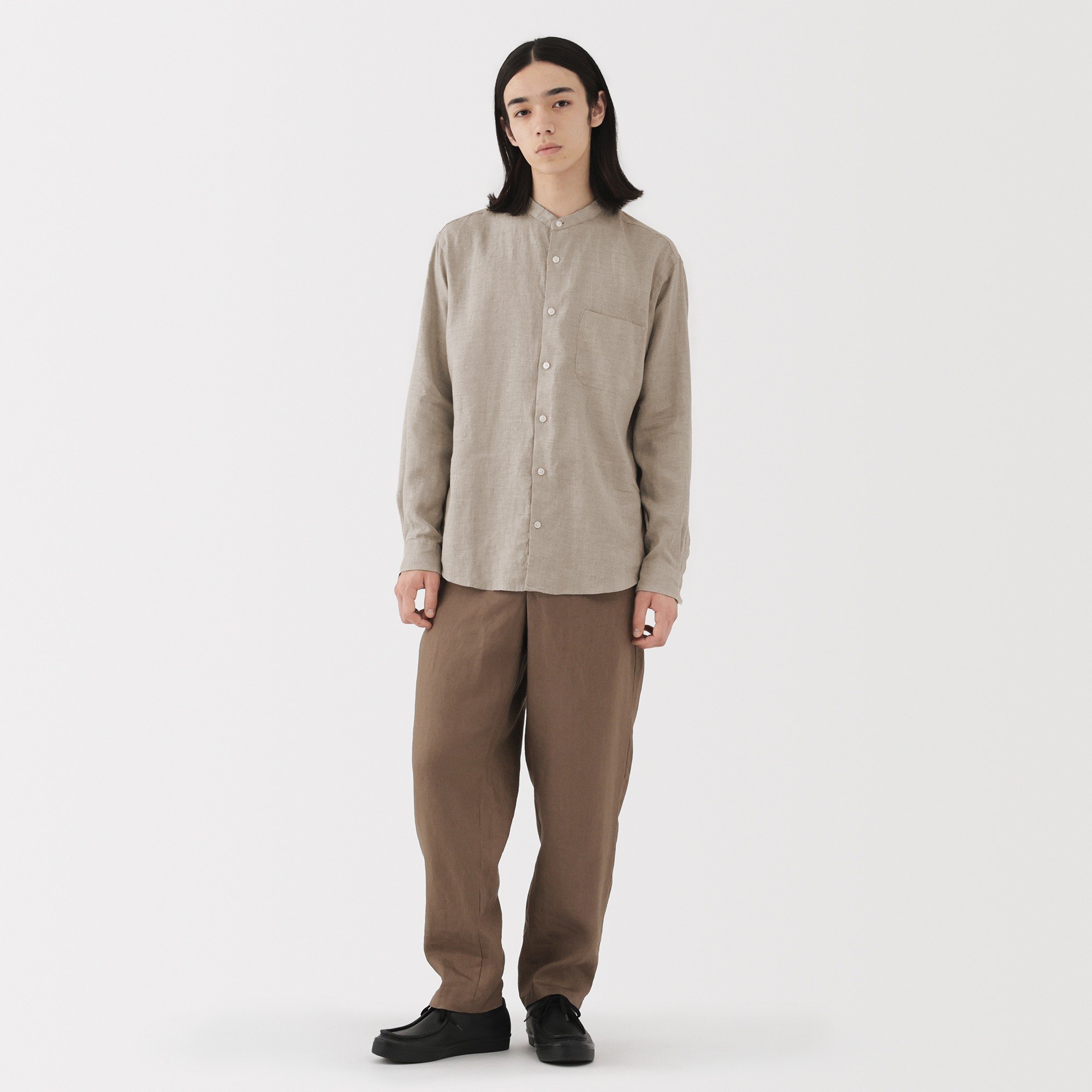M's Washed linen stand collar L/Slv shirt (ASEAN)