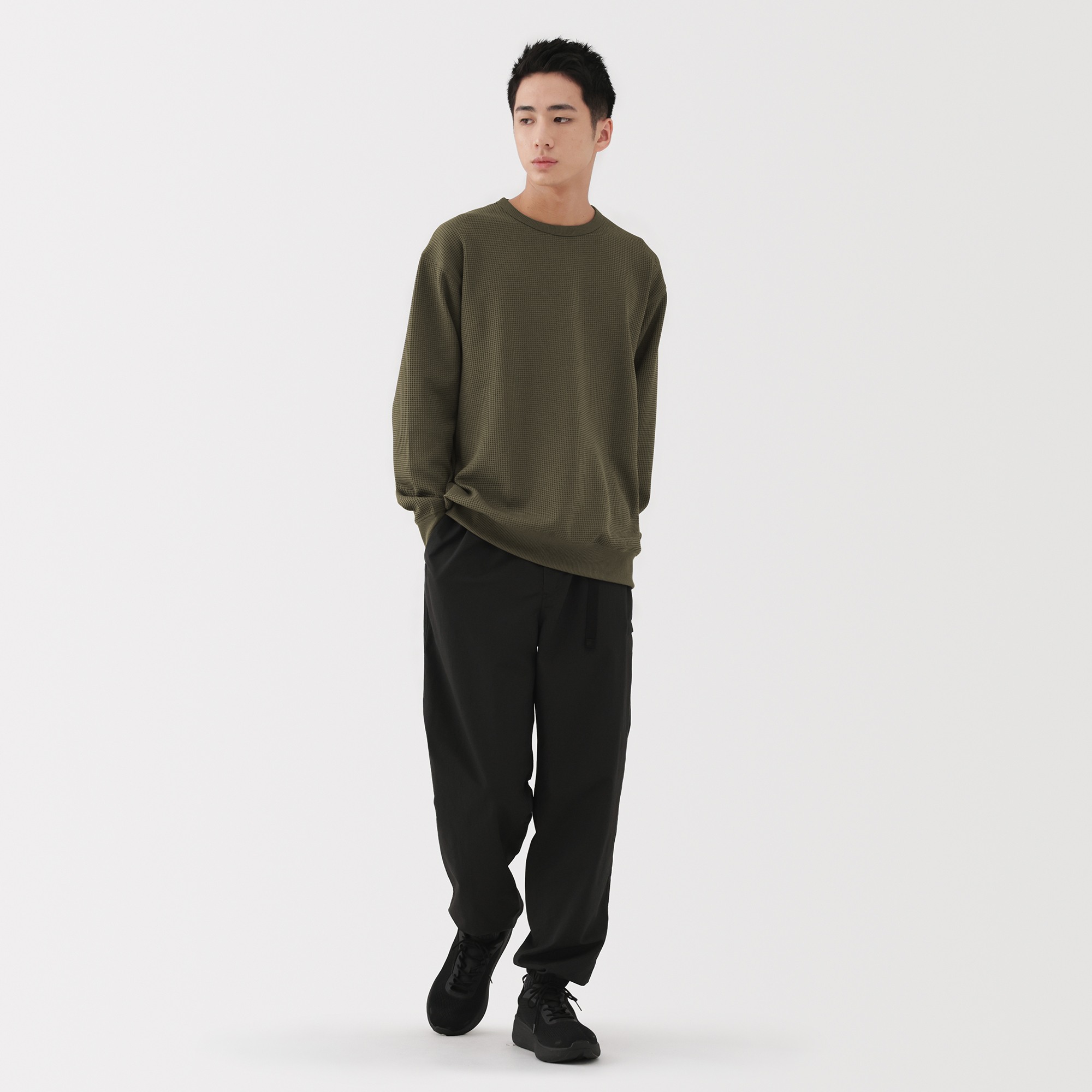 M's UV protection quick dry waffle crew neck L/Slv T-shirt