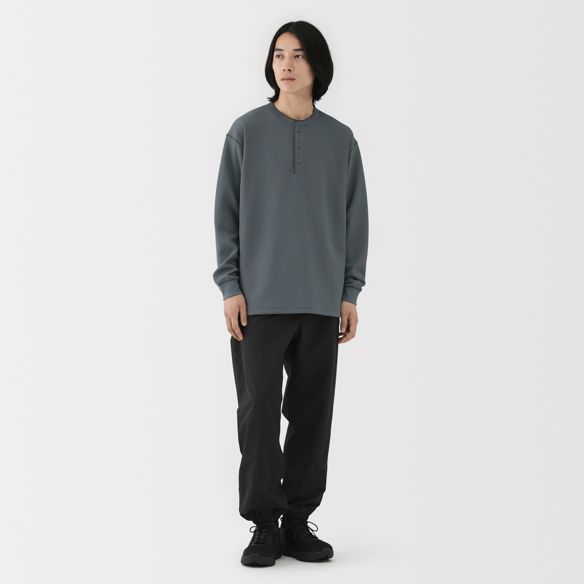 M's UV protection quick dry waffle henley neck L/Slv T-shirt
