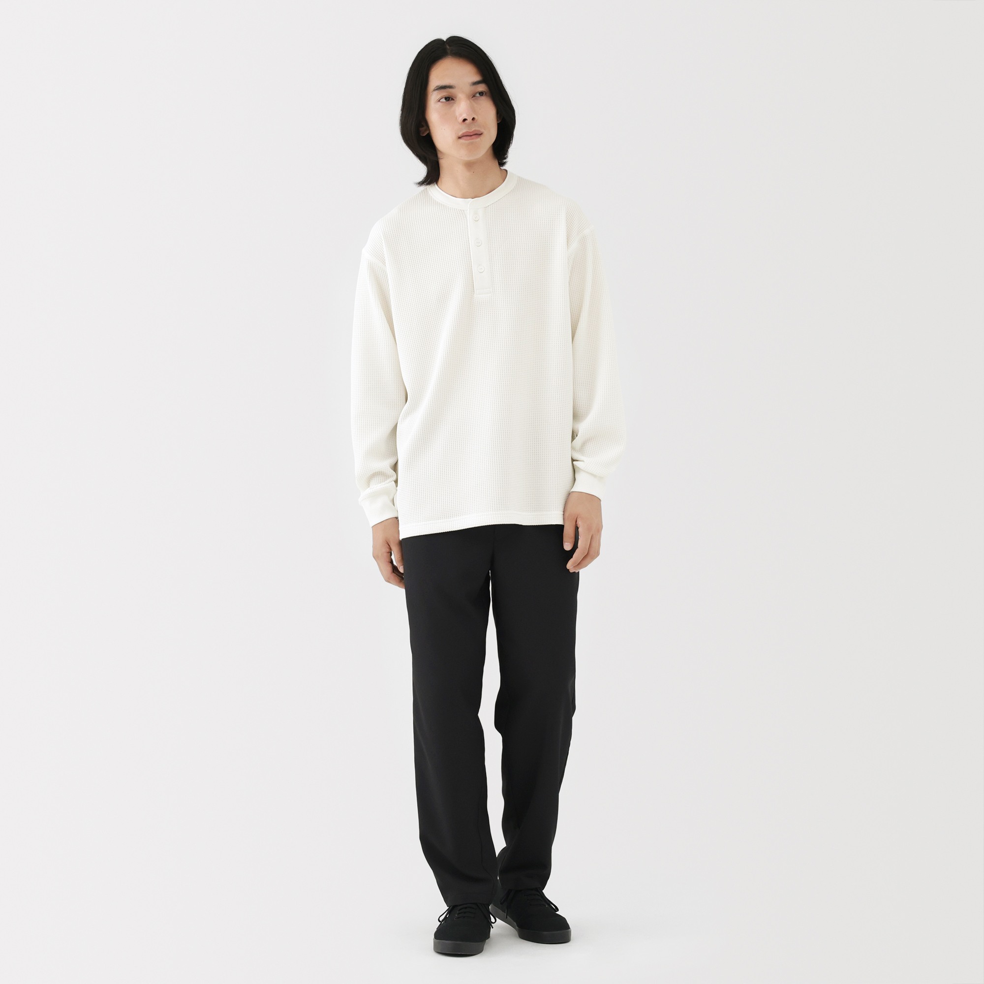 M's UV protection quick dry waffle henley neck L/Slv T-shirt