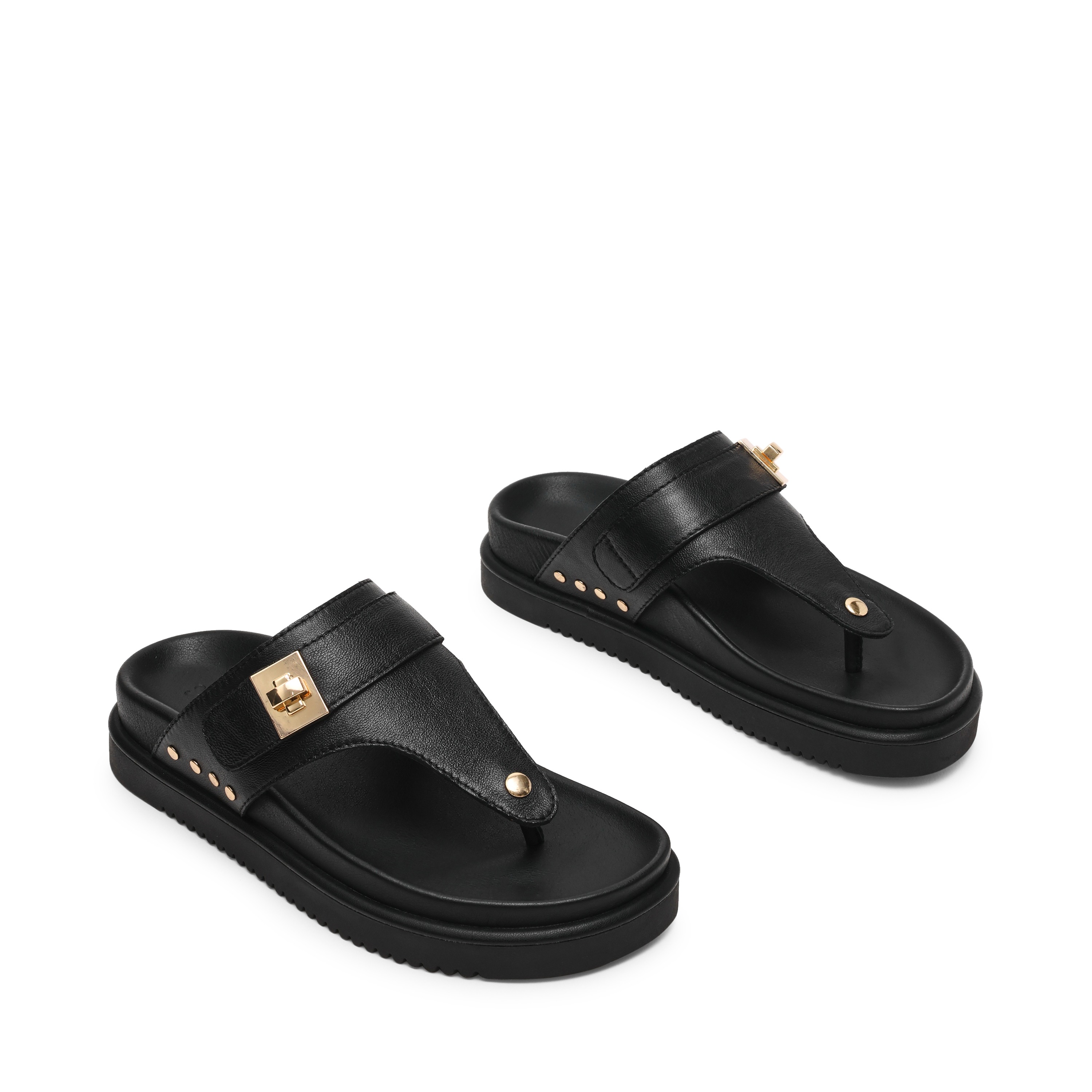 Thona-In Black Leather Flat Sandals