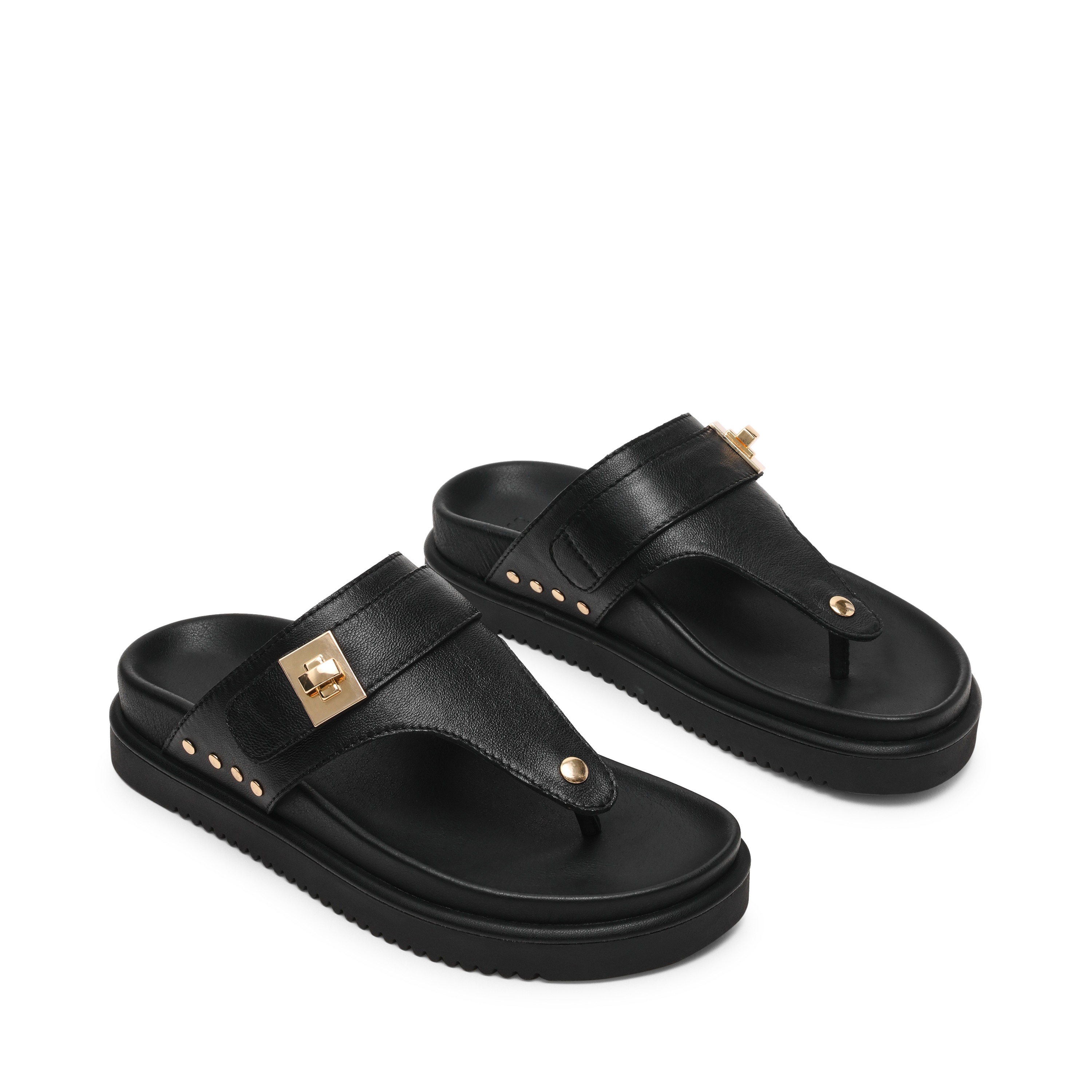 Thona-In Black Leather Flat Sandals