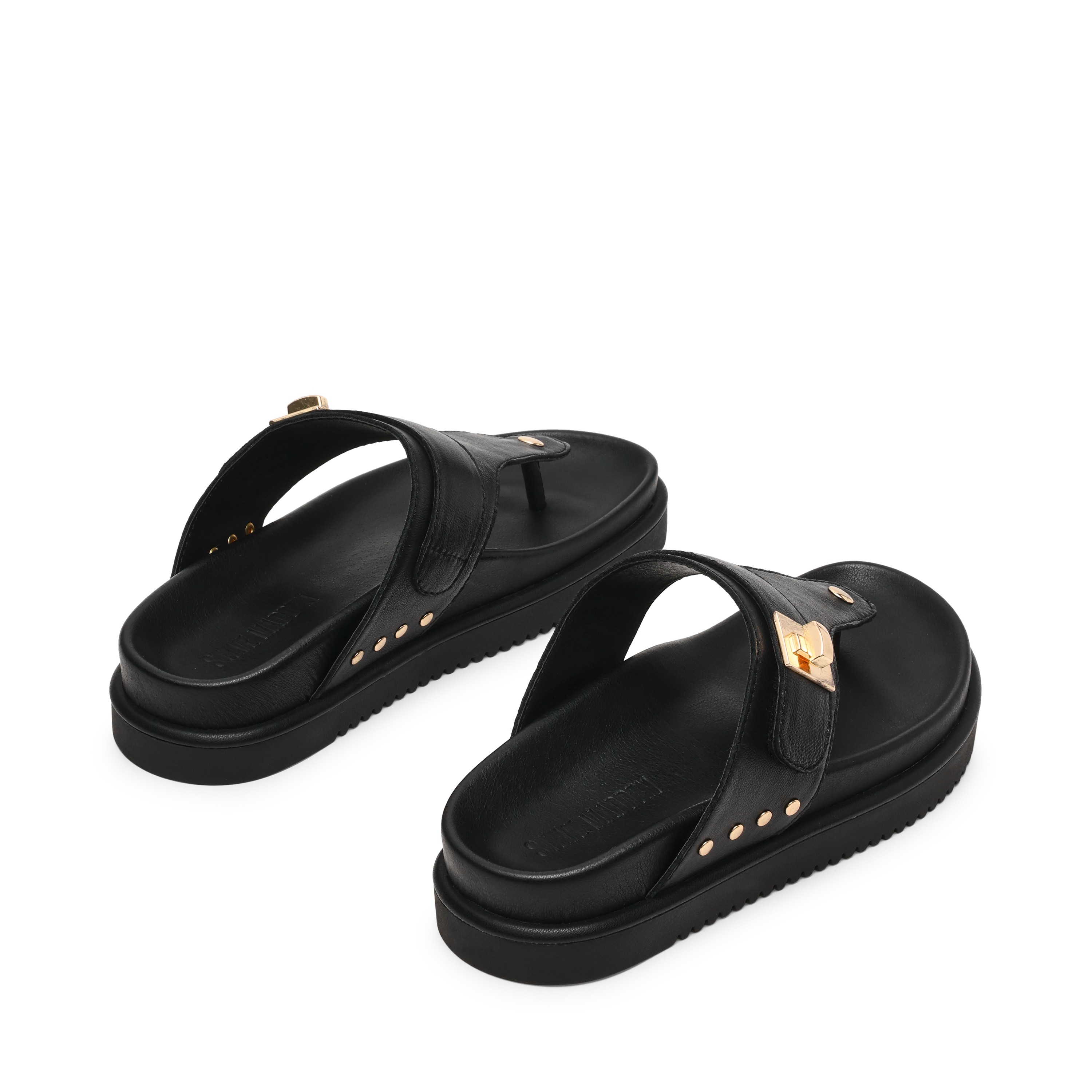 Thona-In Black Leather Flat Sandals