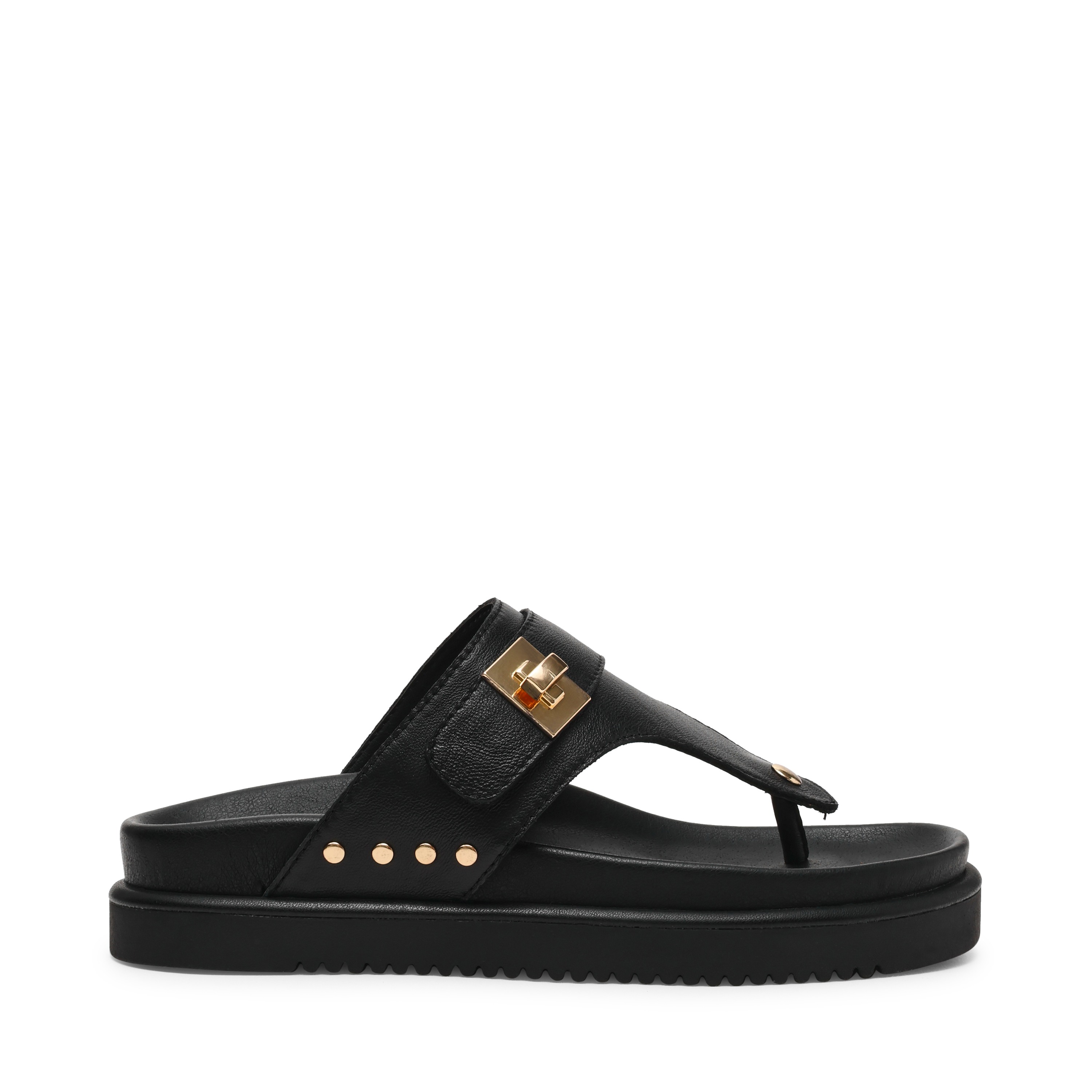 Thona-In Black Leather Flat Sandals