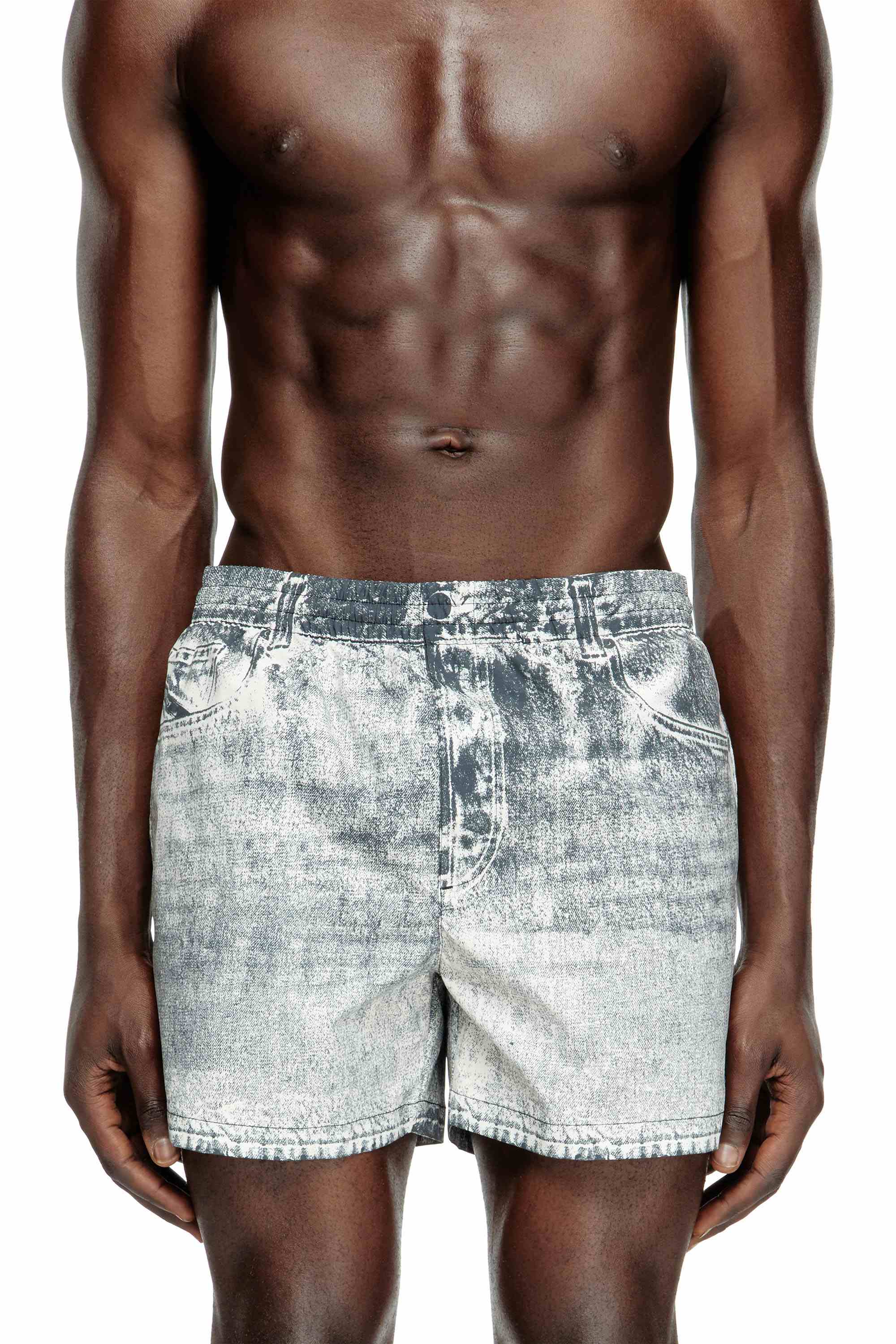 Grey Mid-length swim shorts with denim print