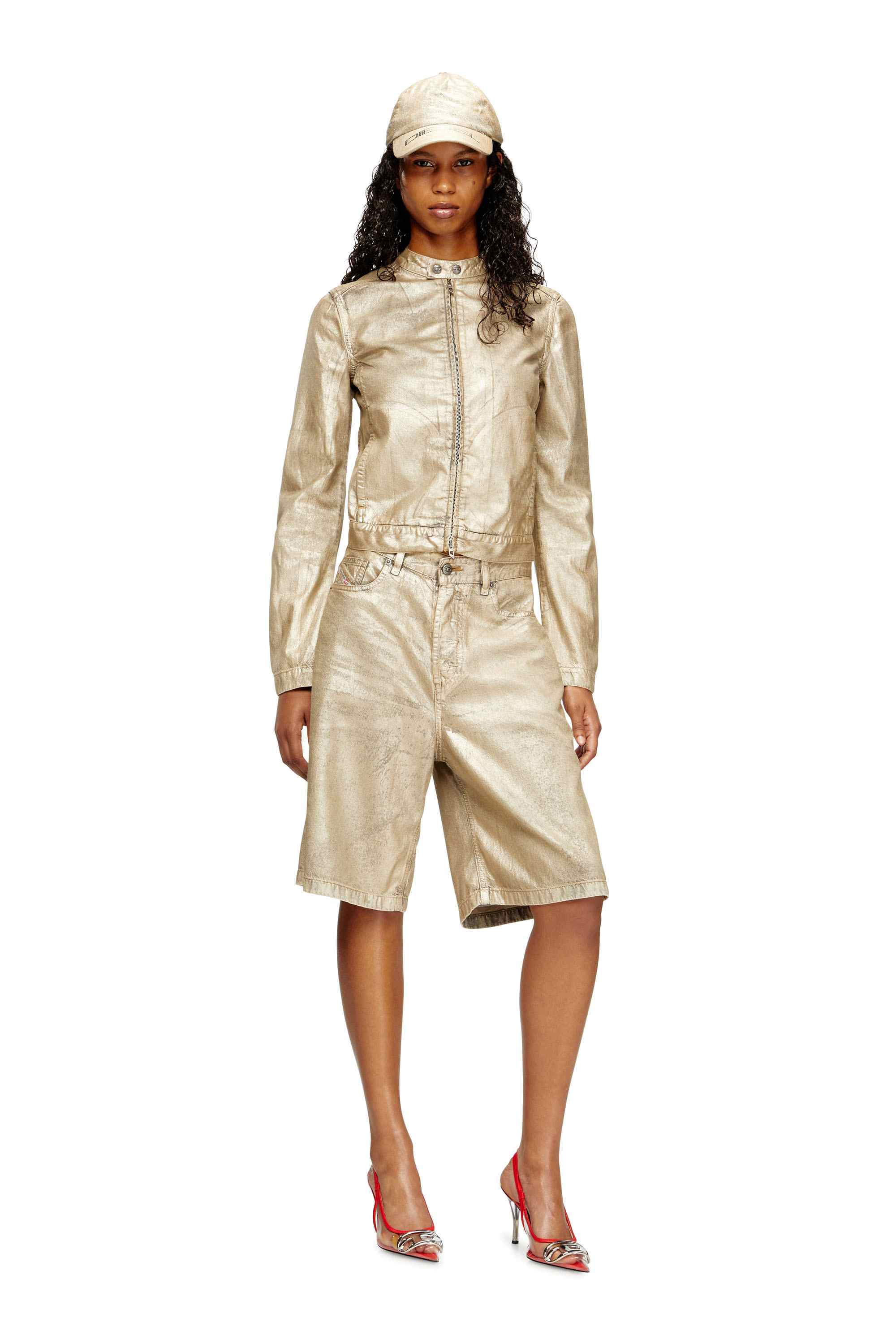 Gold Moto jacket in distressed metallic denim