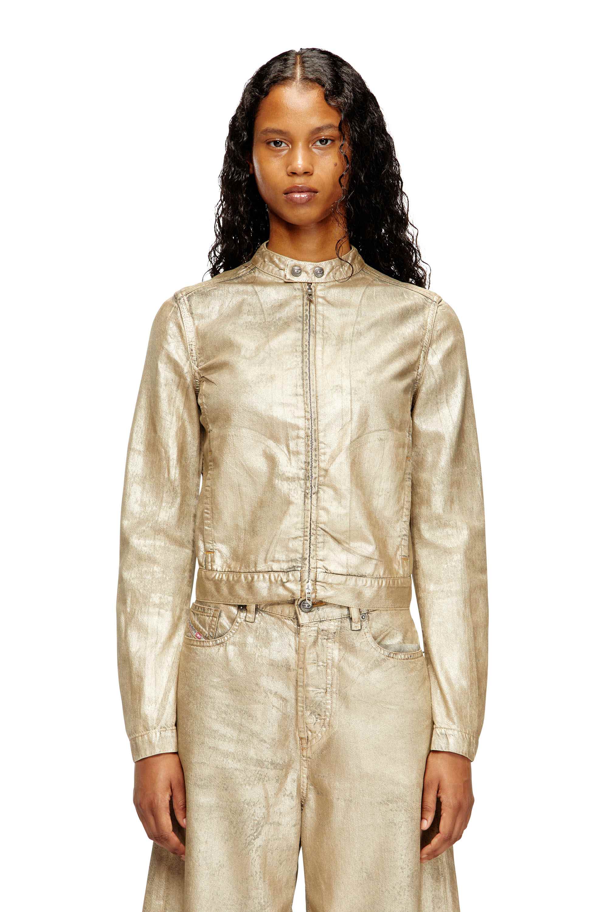 Gold Moto jacket in distressed metallic denim