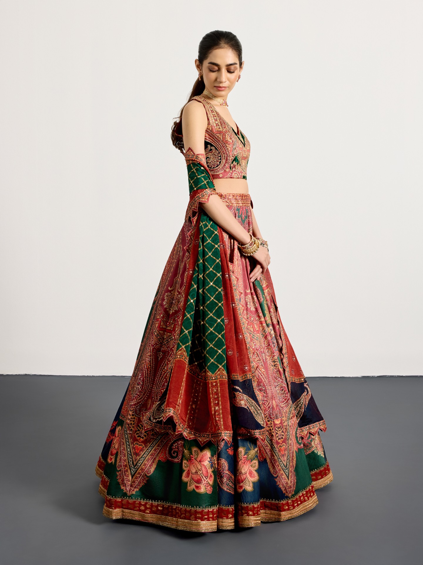 Burgundy Bottle Green Royal Mirage Lehenga Set