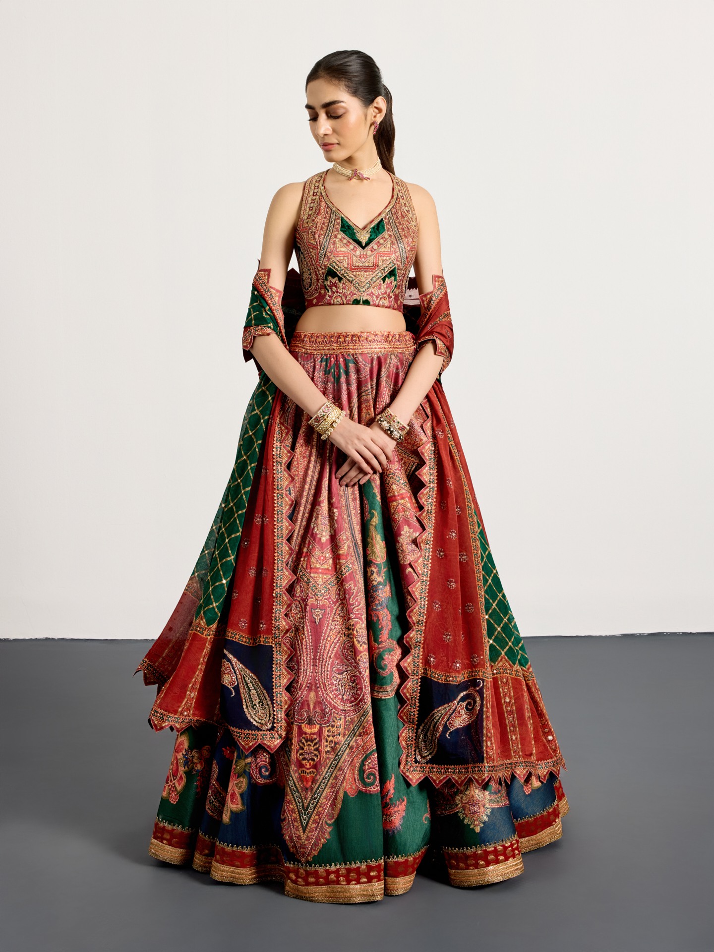 Burgundy Bottle Green Royal Mirage Lehenga Set