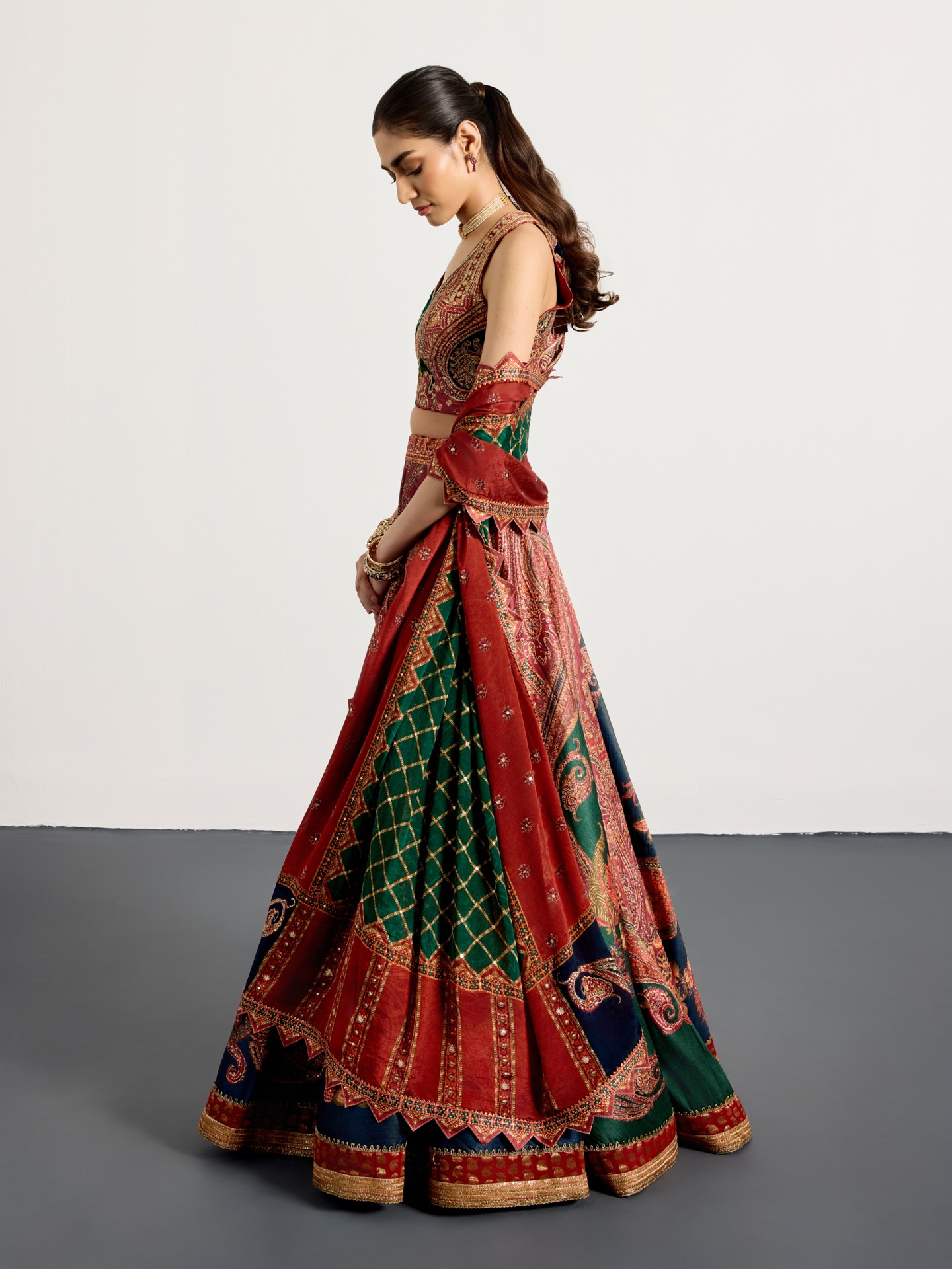Burgundy Bottle Green Royal Mirage Lehenga Set