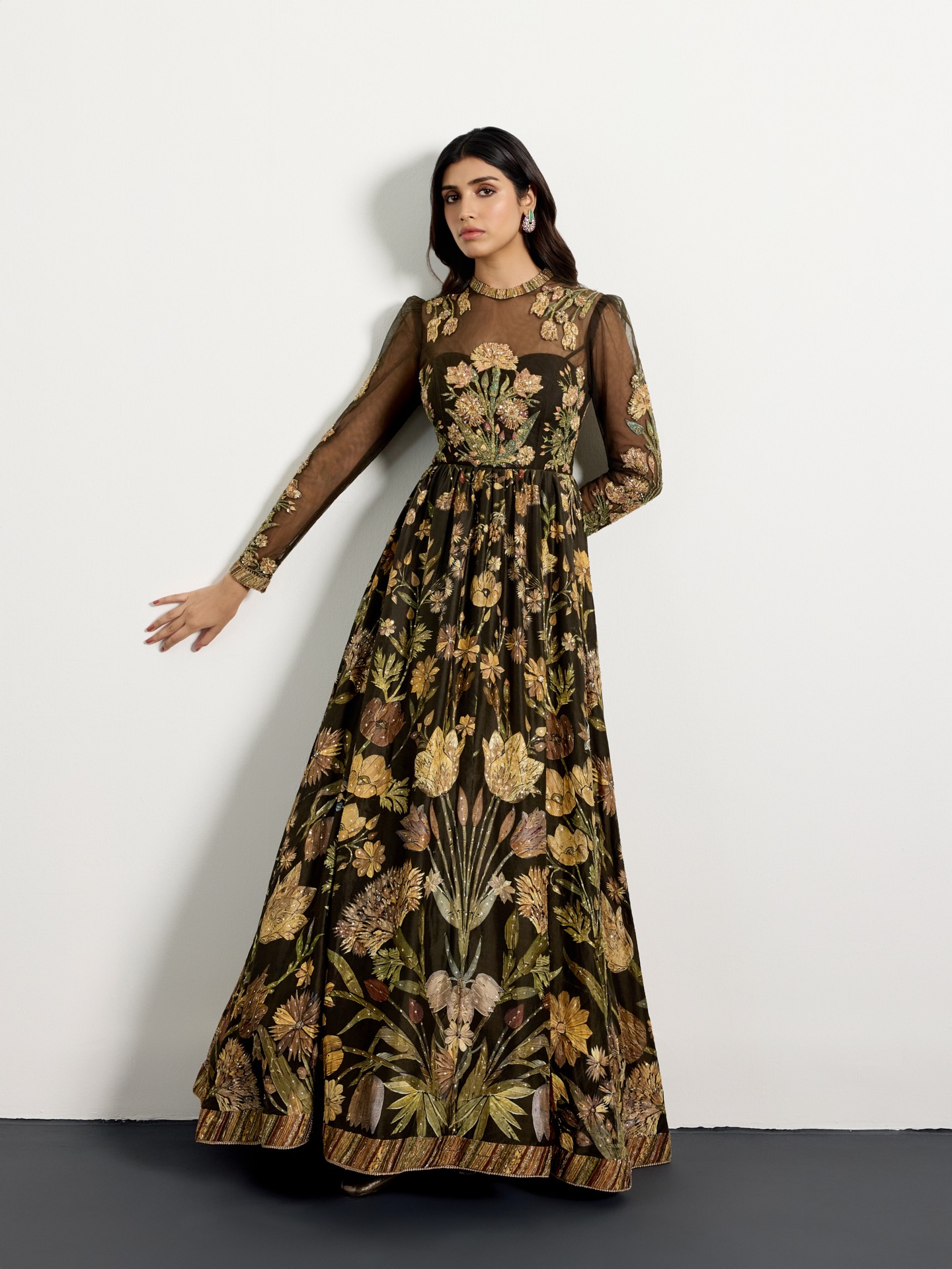 Dark Olive Beige Antique Floral Dress