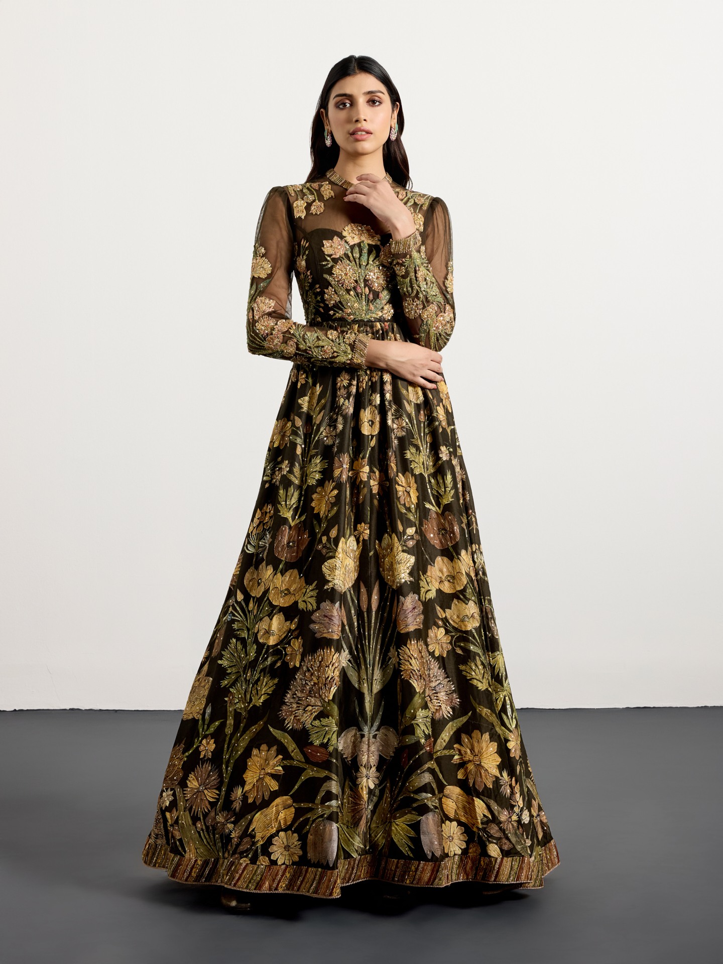 Dark Olive Beige Antique Floral Dress