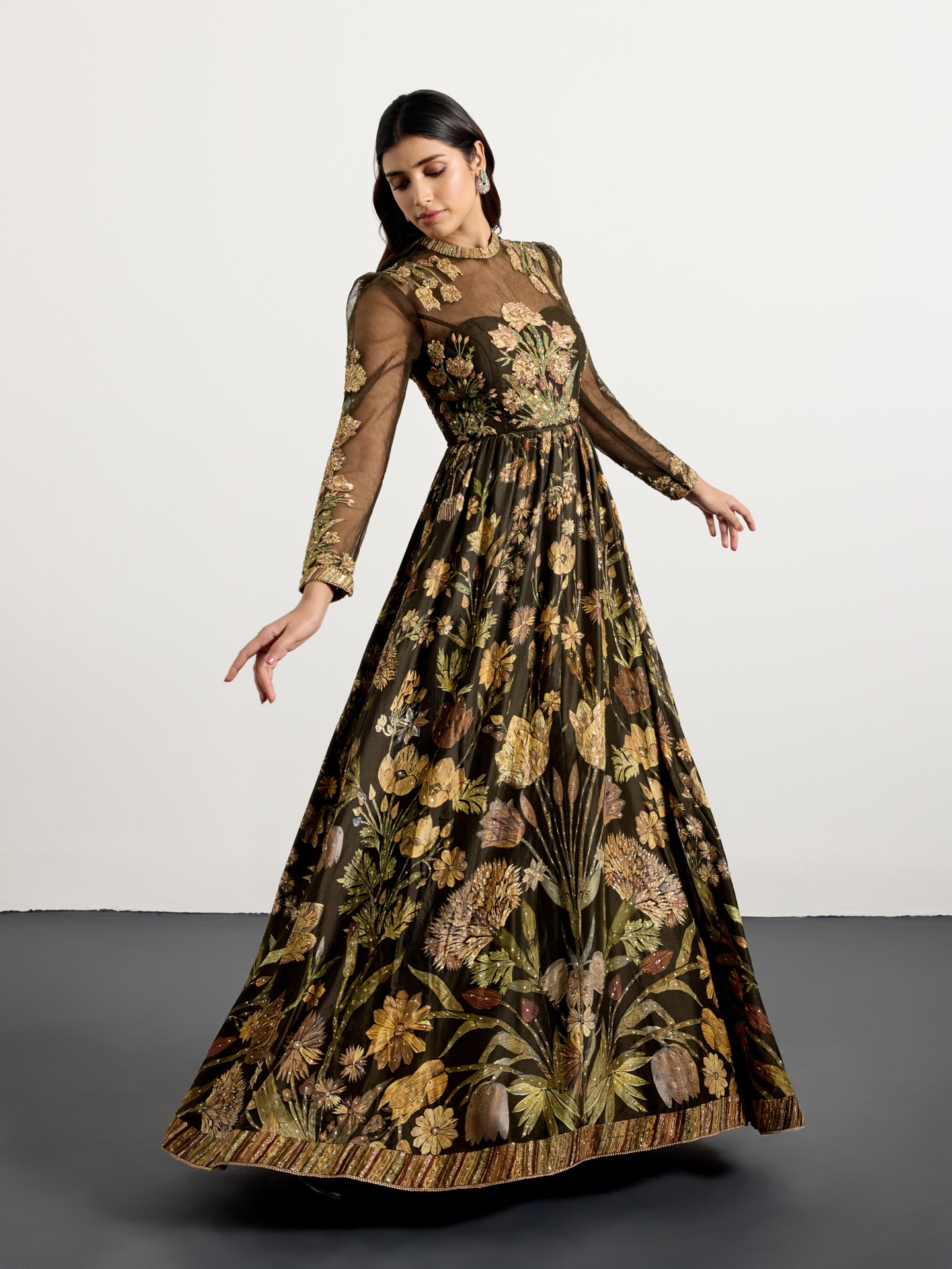 Dark Olive Beige Antique Floral Dress