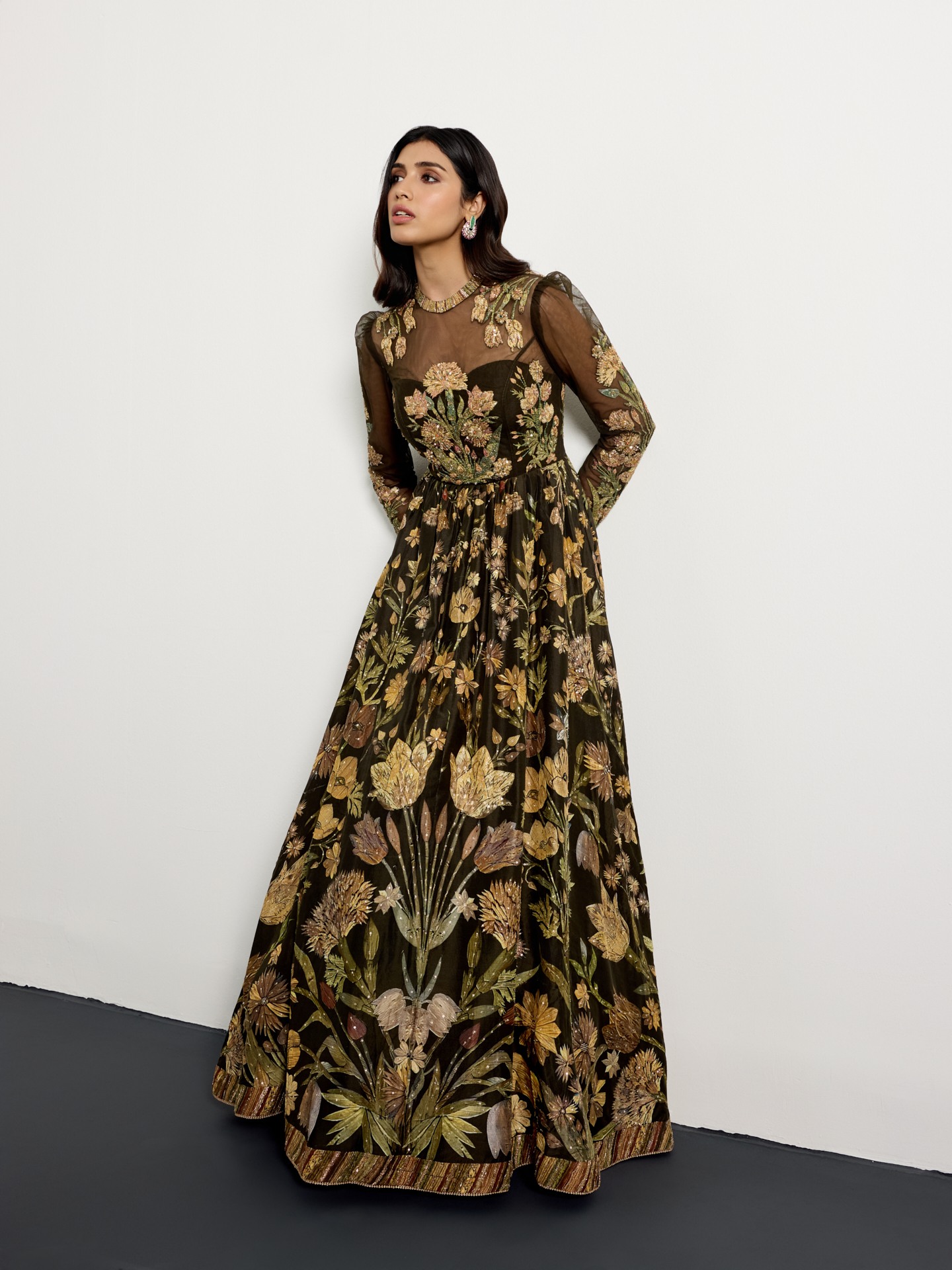 Dark Olive Beige Antique Floral Dress
