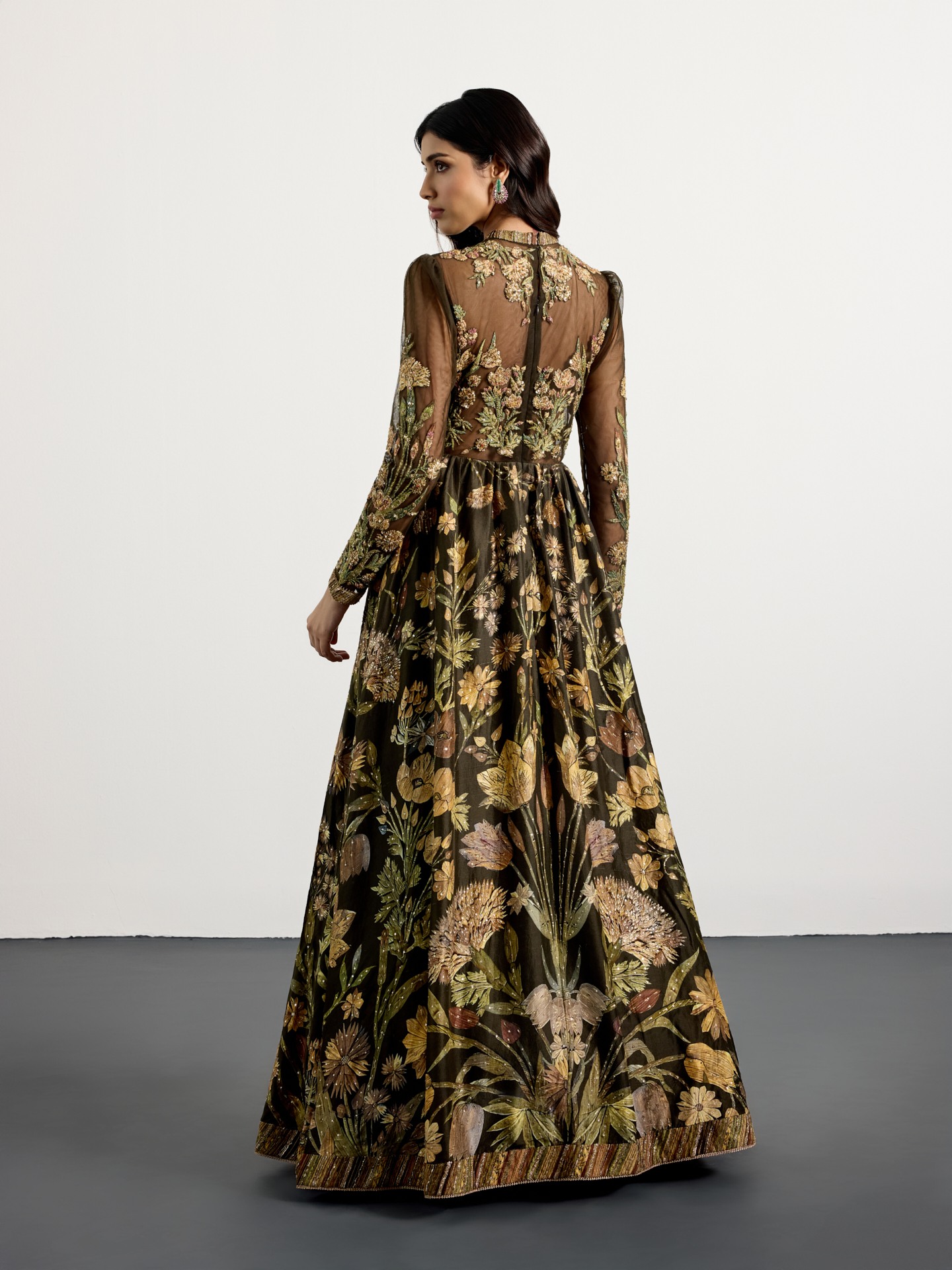 Dark Olive Beige Antique Floral Dress