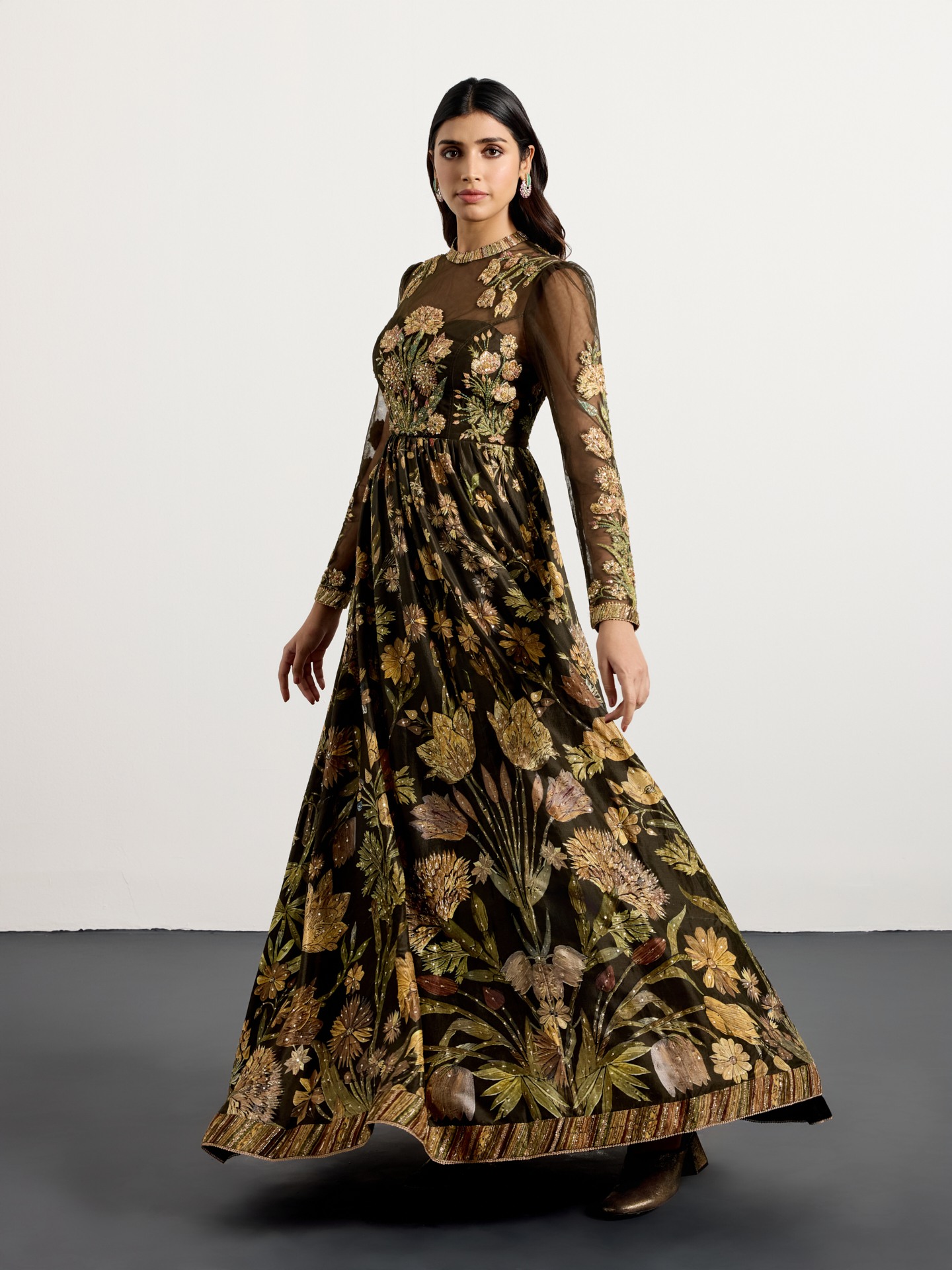 Dark Olive Beige Antique Floral Dress