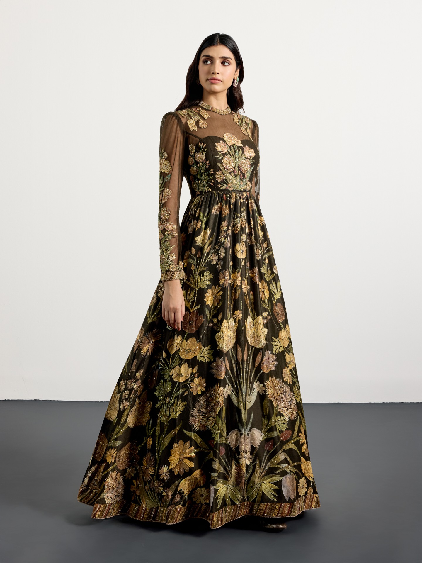 Dark Olive Beige Antique Floral Dress
