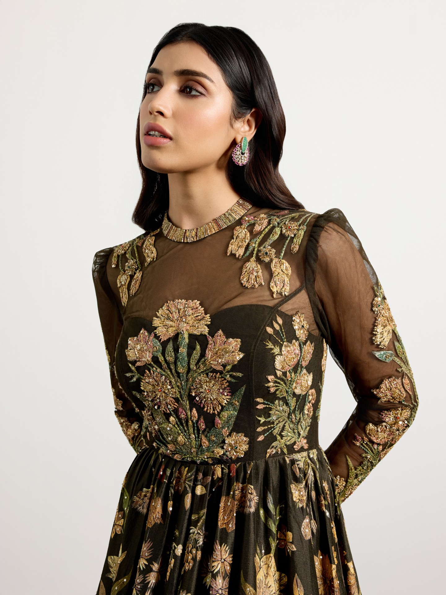 Dark Olive Beige Antique Floral Dress