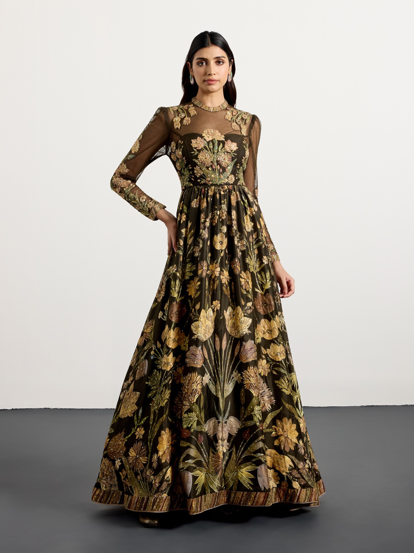 Dark Olive Beige Antique Floral Dress