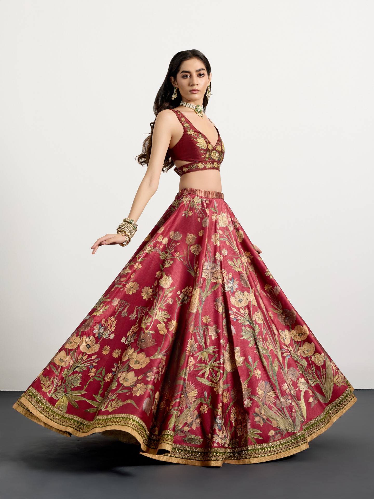 Burgundy Beige Antique Floral Lehenga