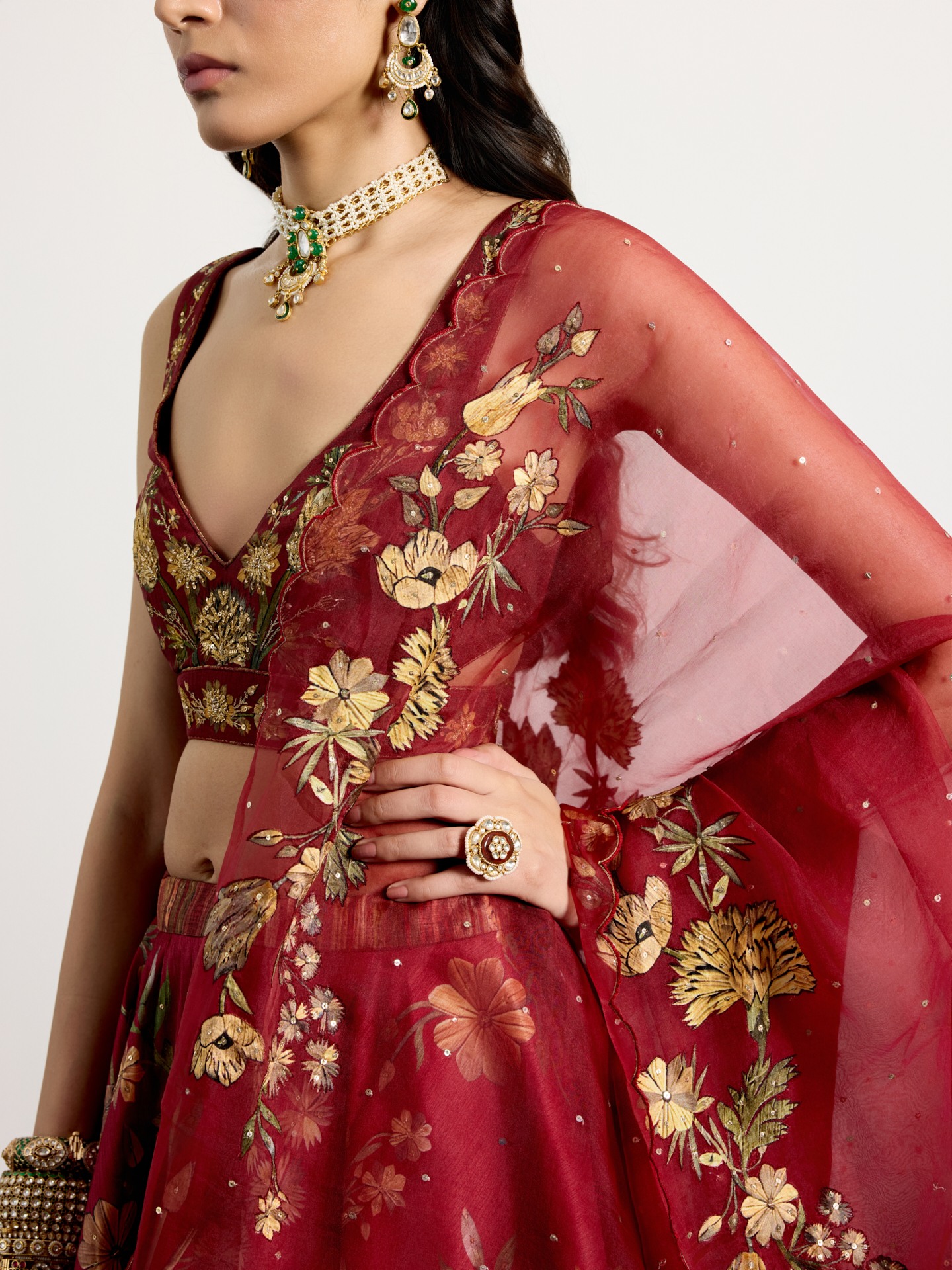 Burgundy Beige Antique Floral Lehenga