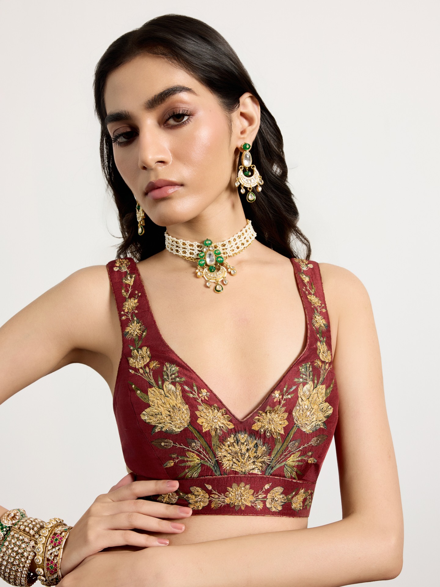 Burgundy Beige Antique Floral Lehenga