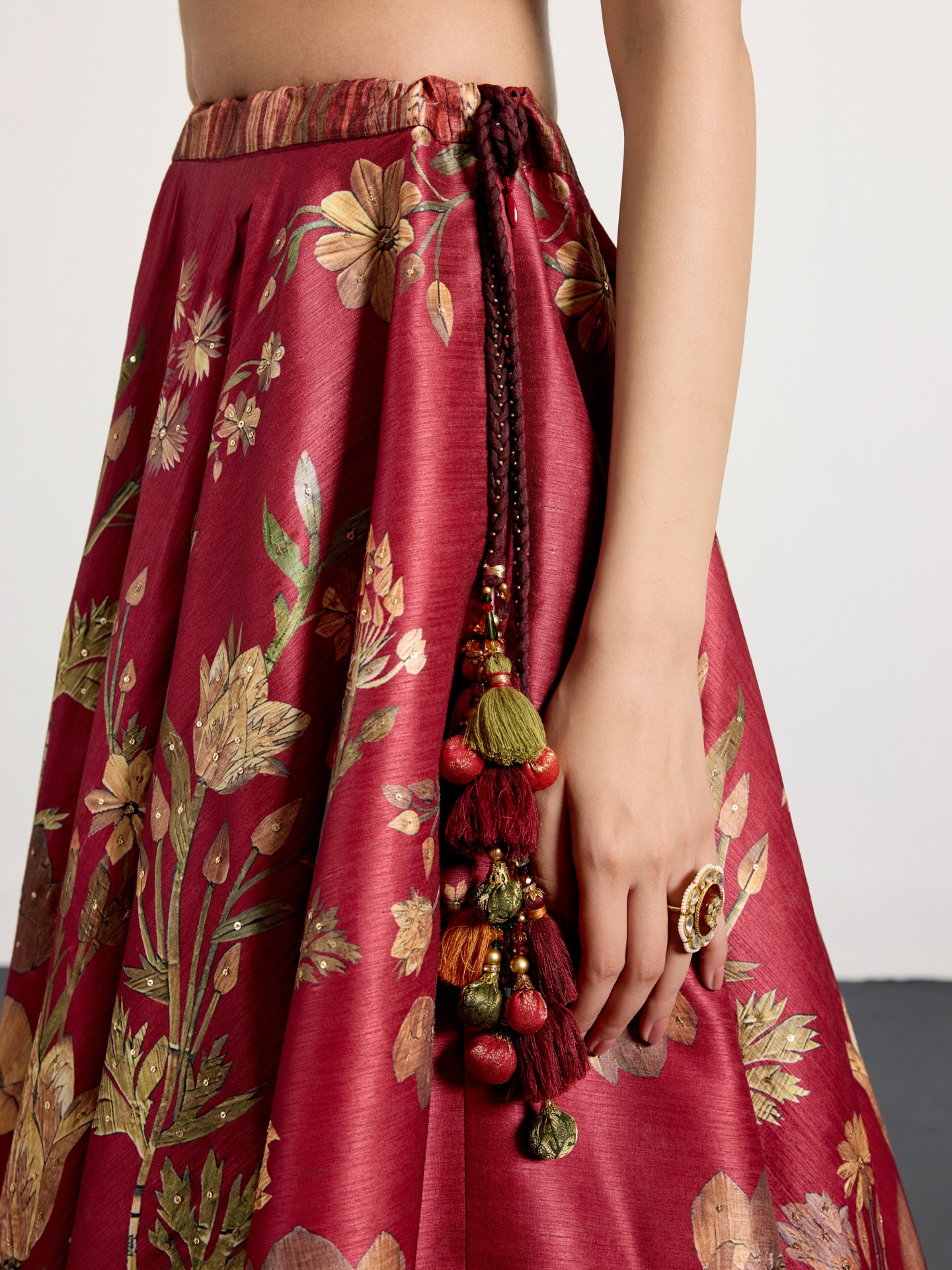 Burgundy Beige Antique Floral Lehenga