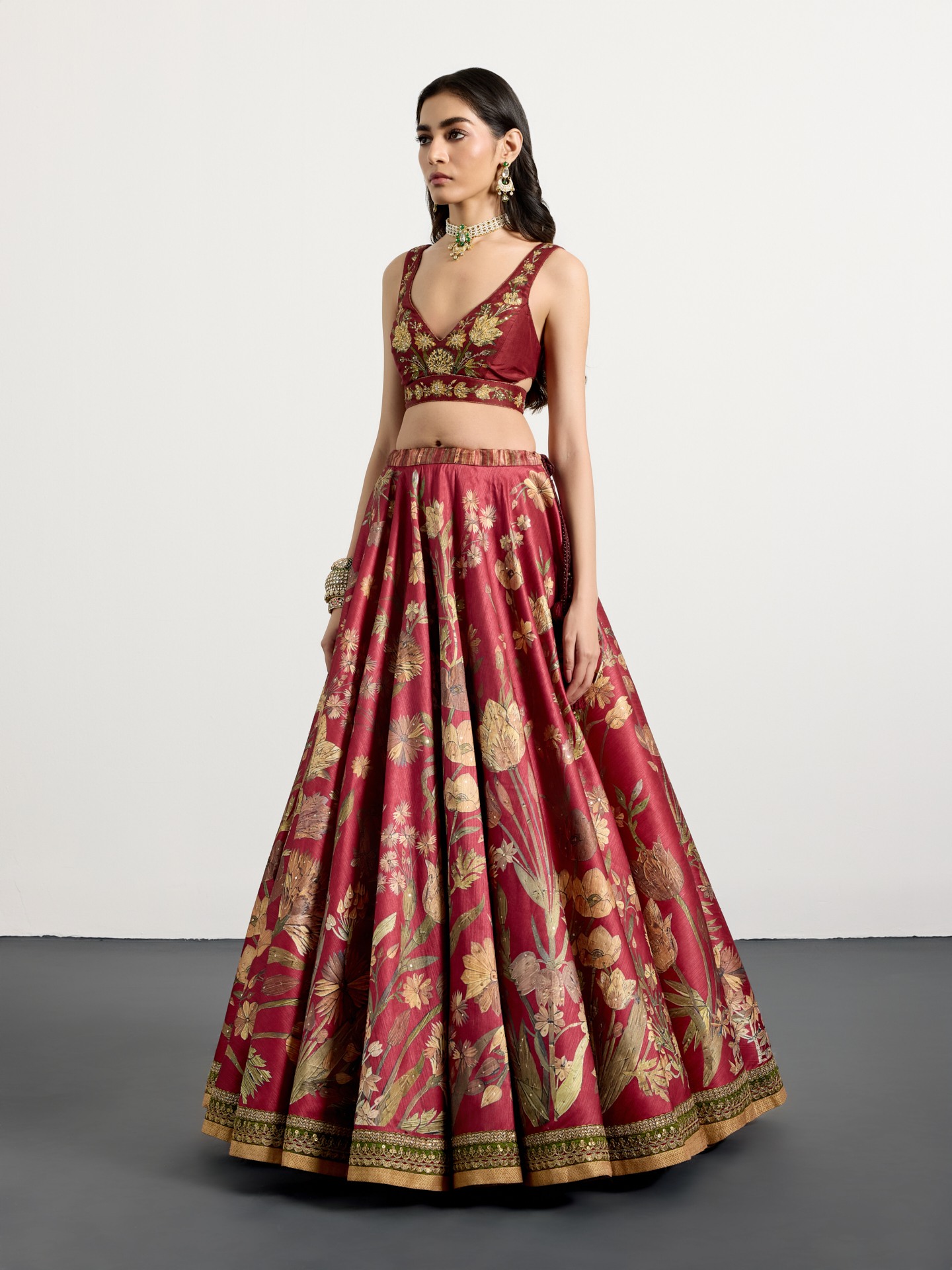 Burgundy Beige Antique Floral Lehenga