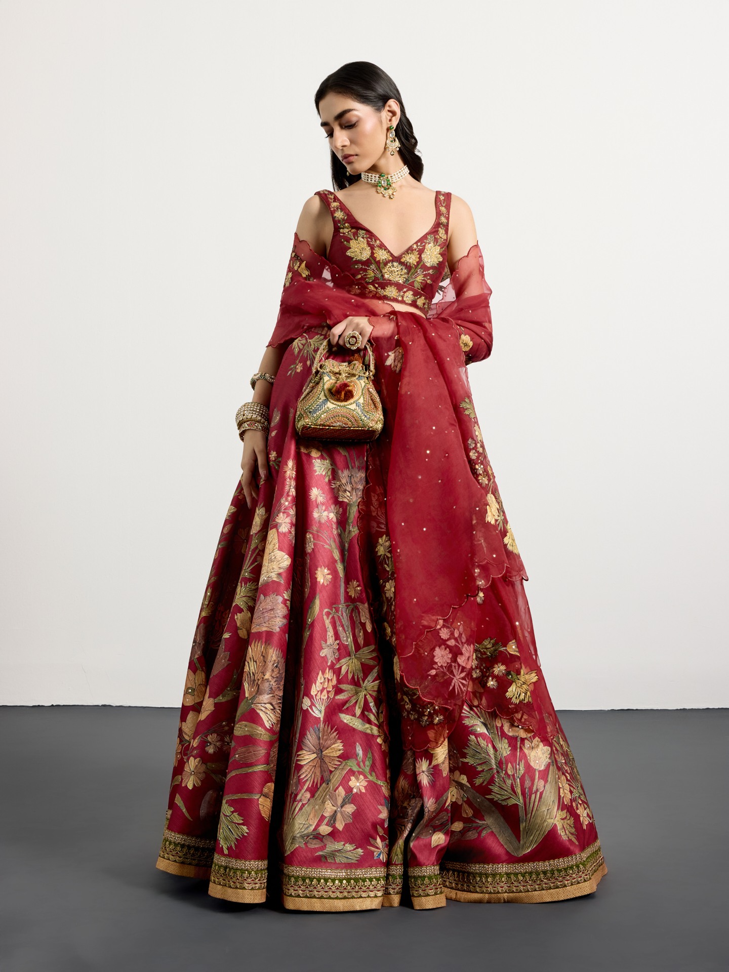 Burgundy Beige Antique Floral Lehenga