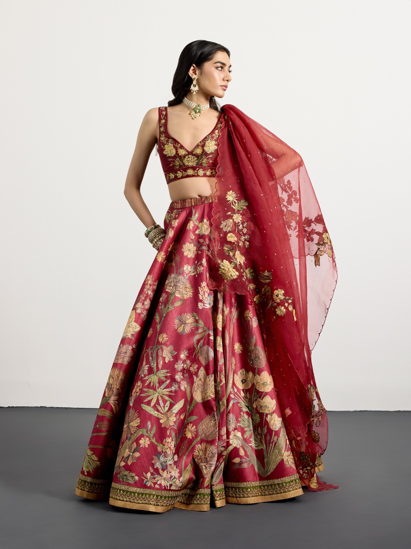 Burgundy Beige Antique Floral Lehenga