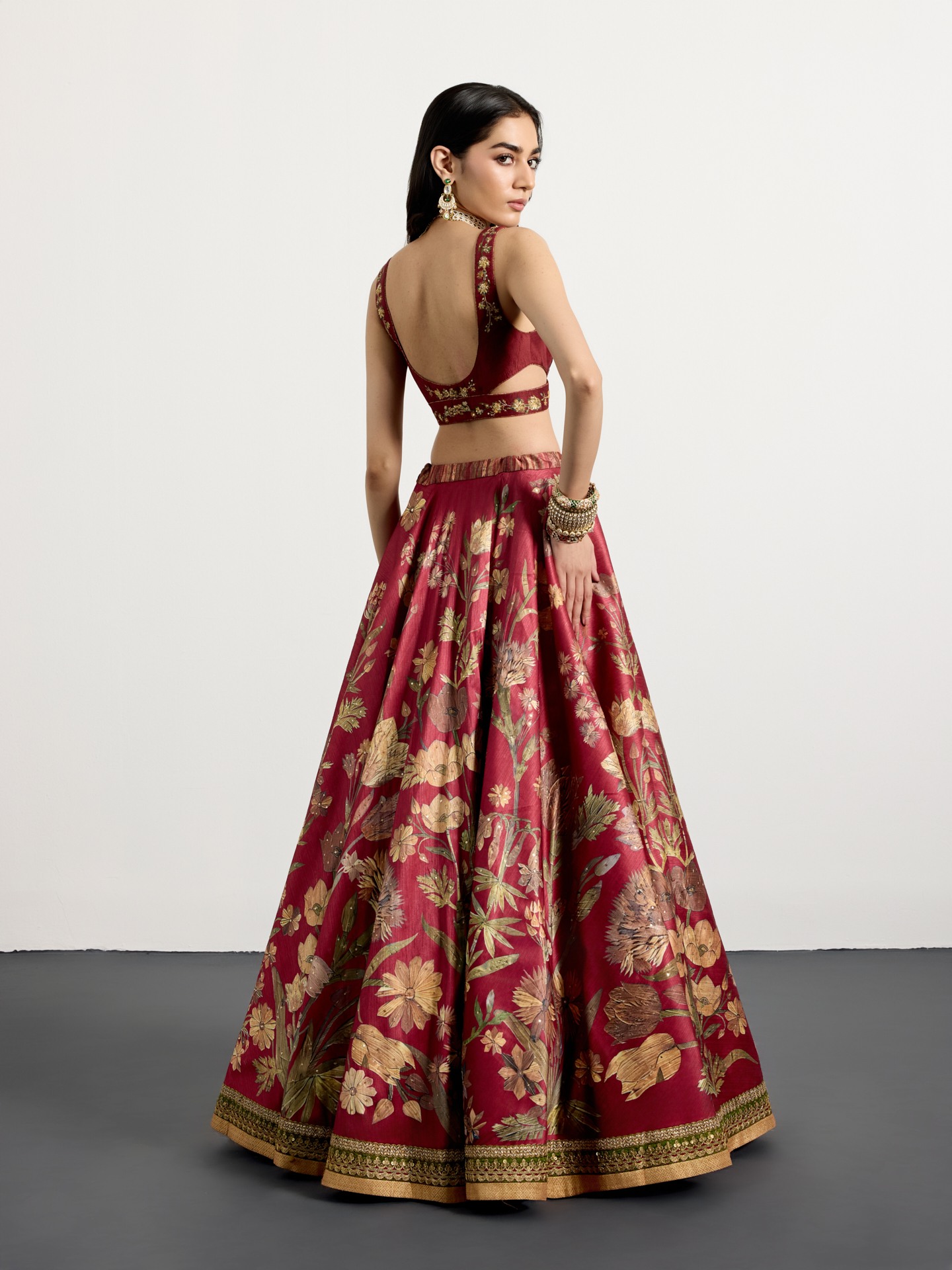Burgundy Beige Antique Floral Lehenga