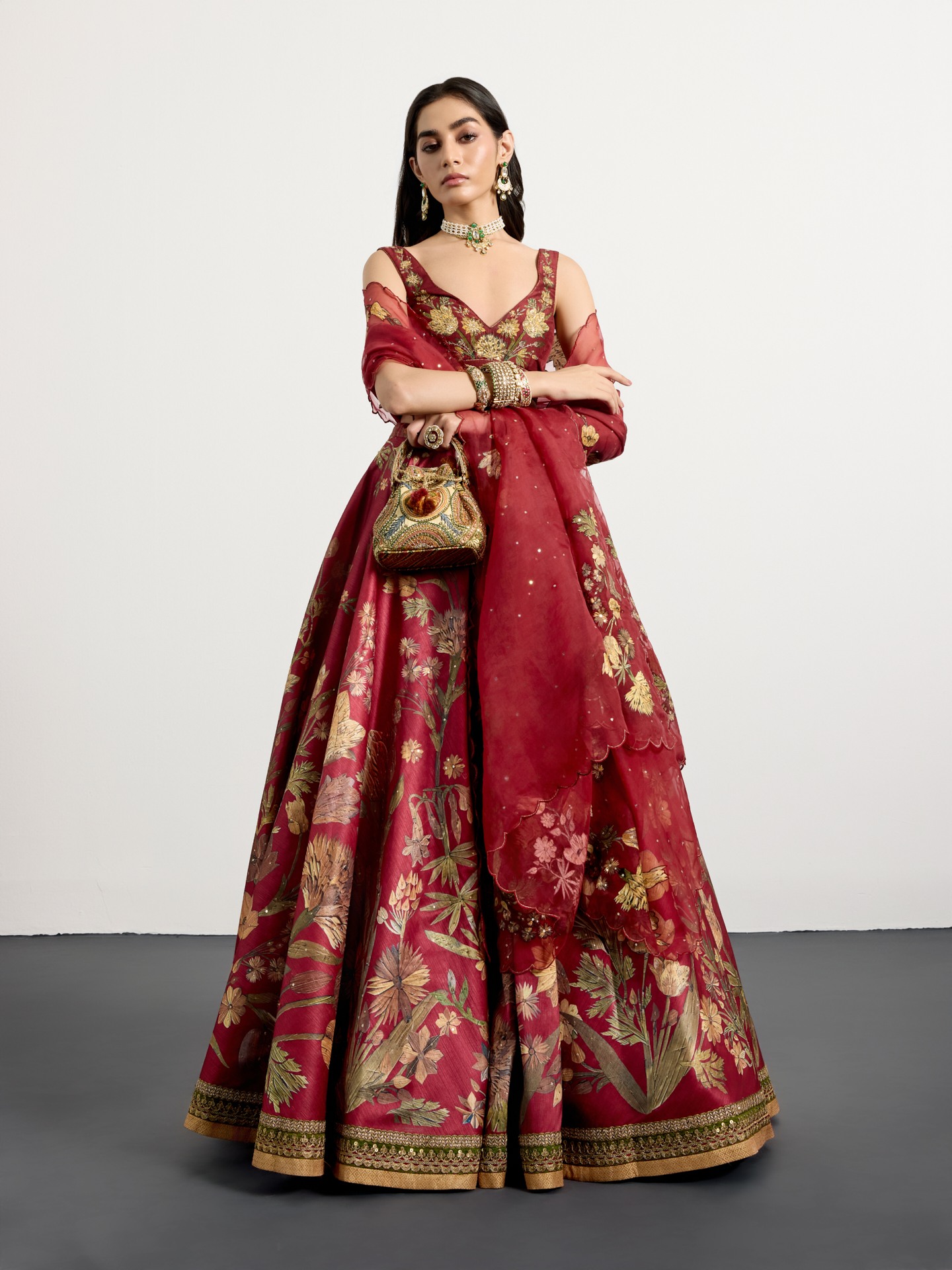 Burgundy Beige Antique Floral Lehenga