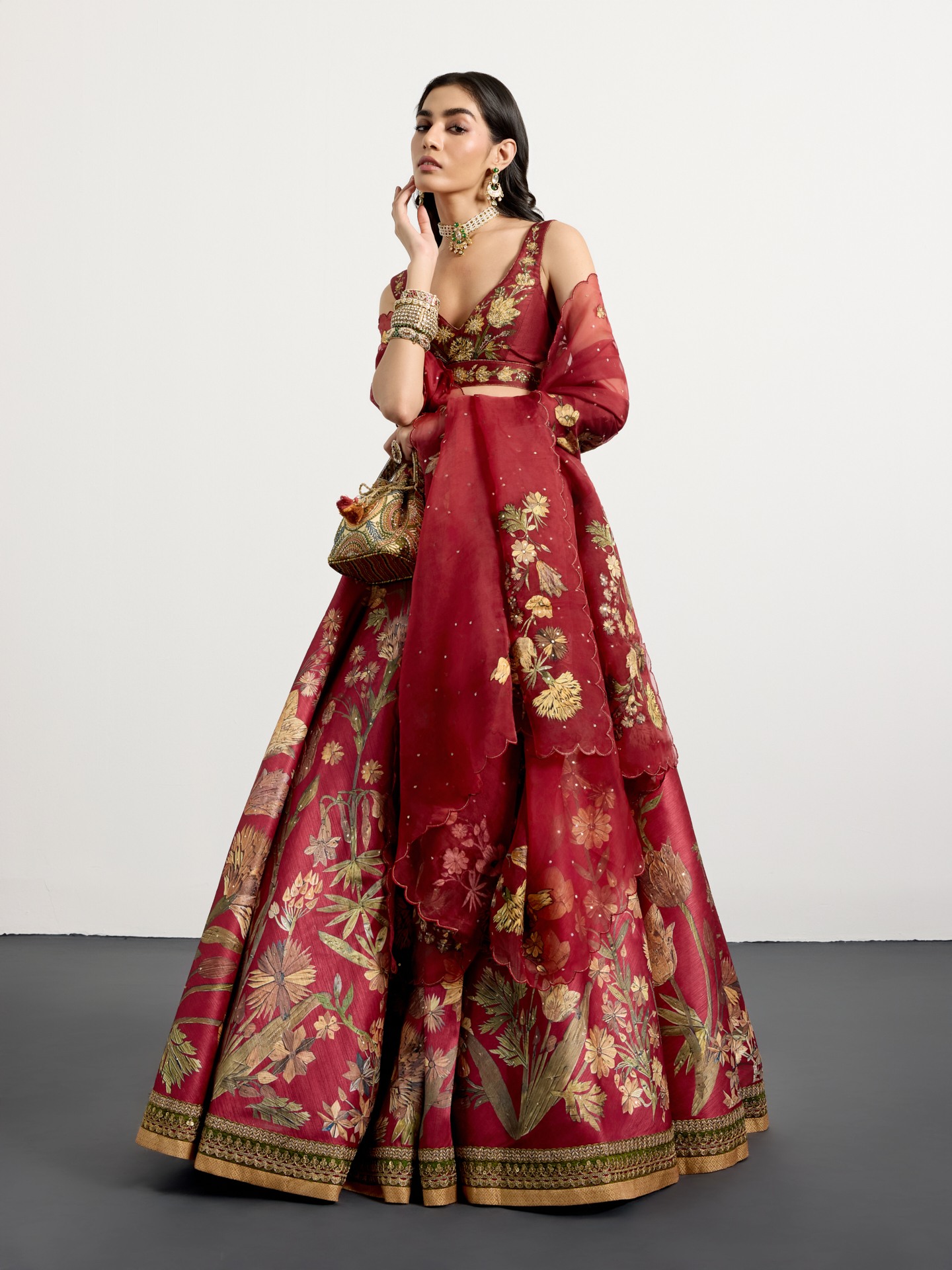 Burgundy Beige Antique Floral Lehenga