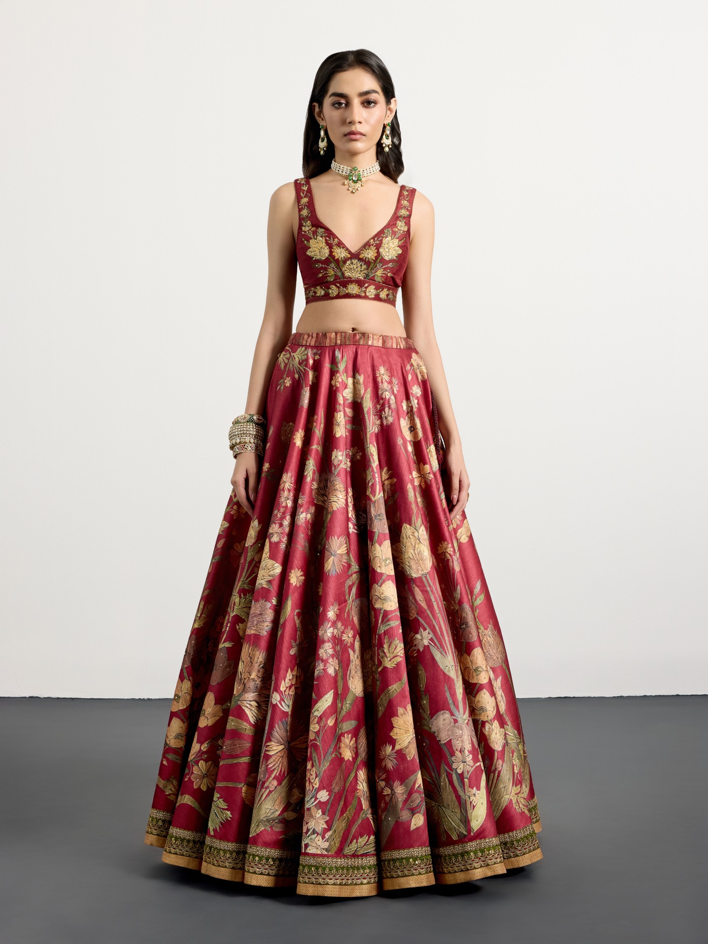 Burgundy Beige Antique Floral Lehenga