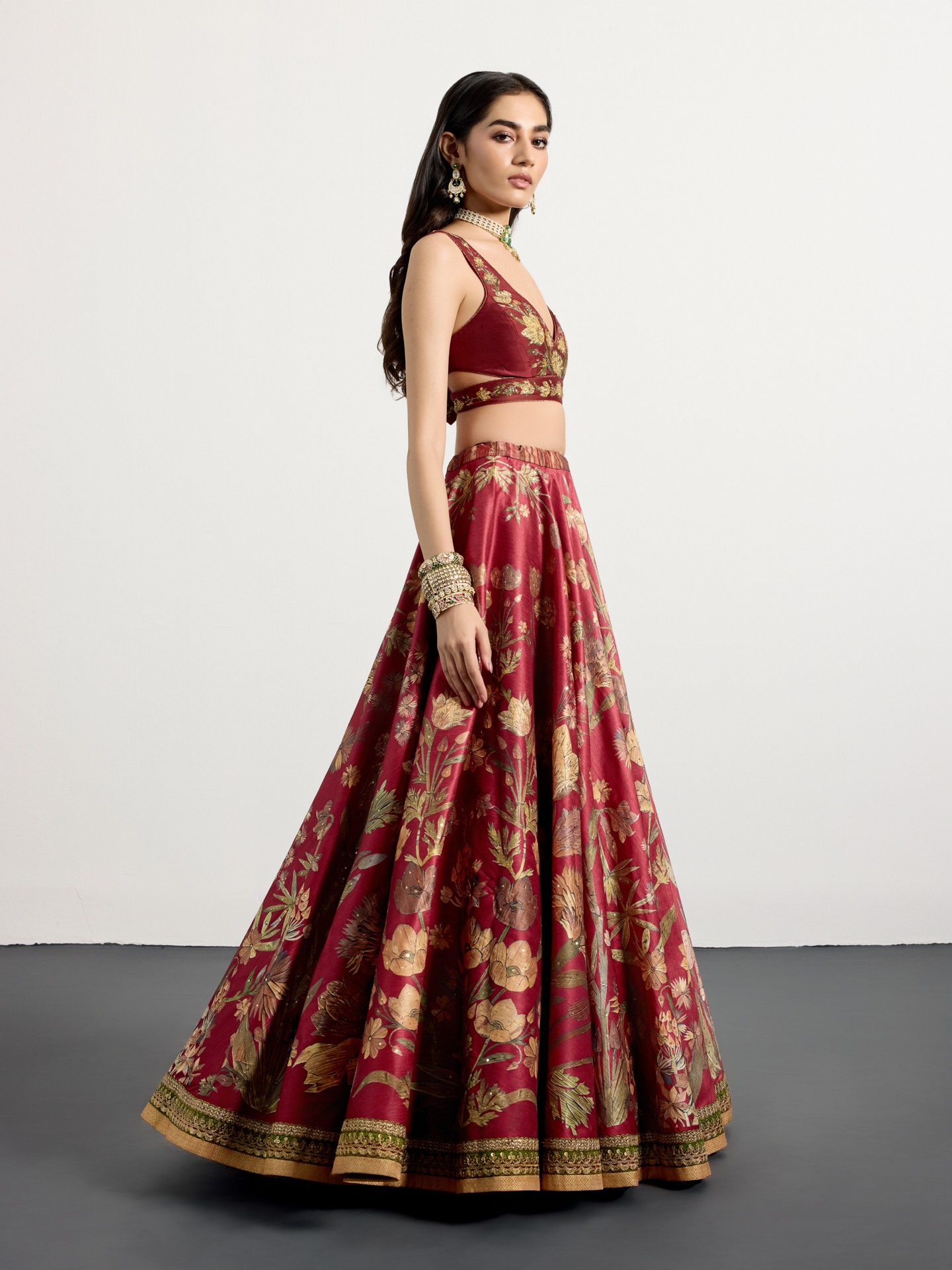 Burgundy Beige Antique Floral Lehenga