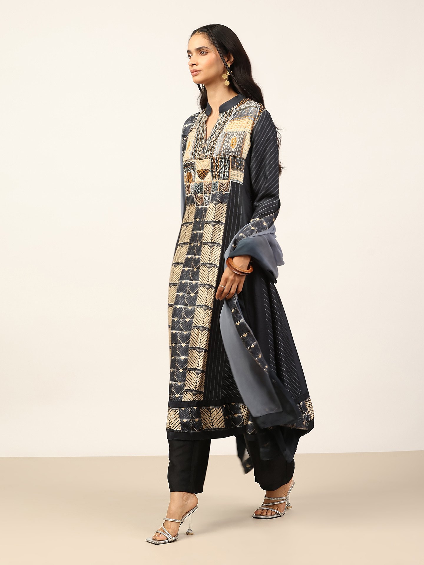 Black & Beige Mashrudhari K Suit Set