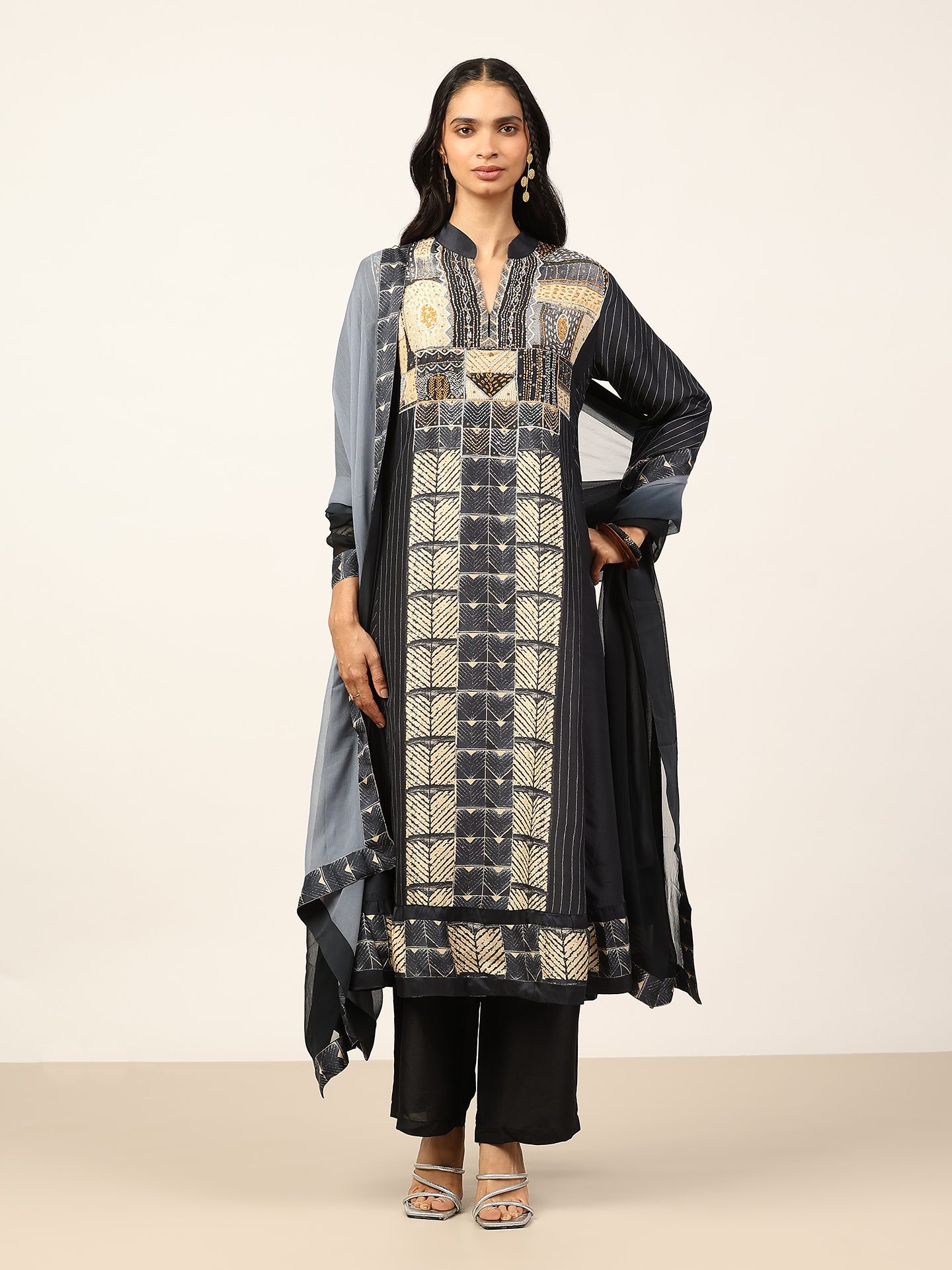 Black & Beige Mashrudhari K Suit Set
