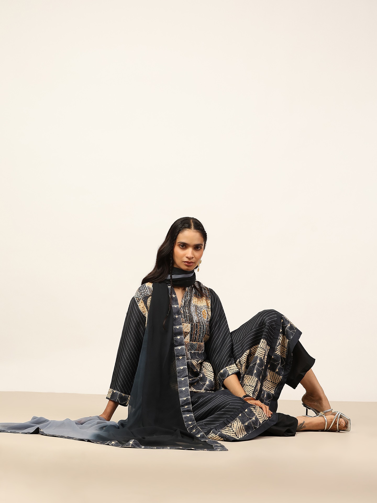 Black & Beige Mashrudhari K Suit Set