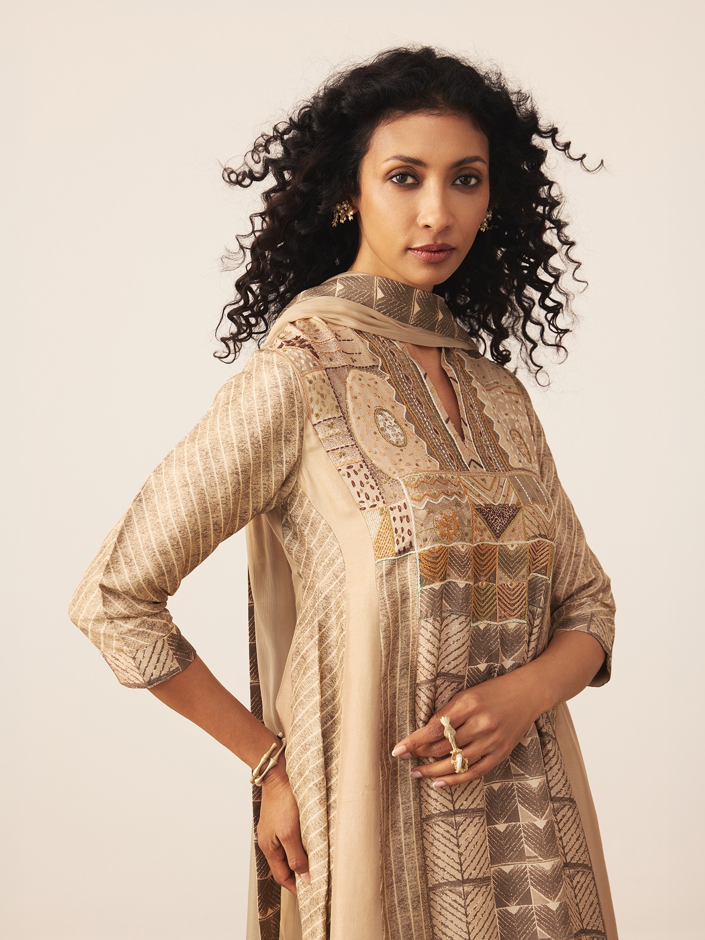 Beige & Brown Mashrudhari K Suit Set