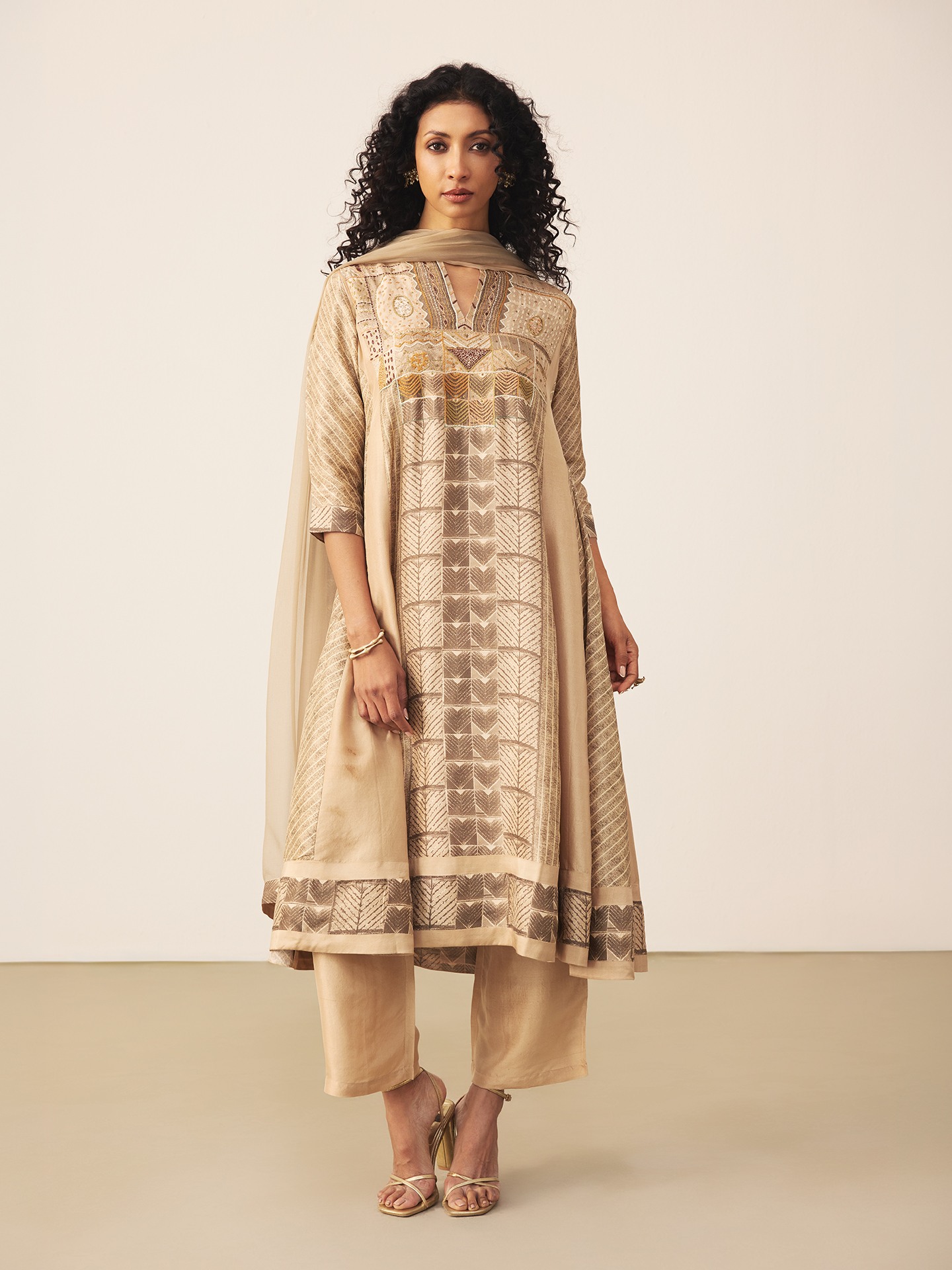 Beige & Brown Mashrudhari K Suit Set