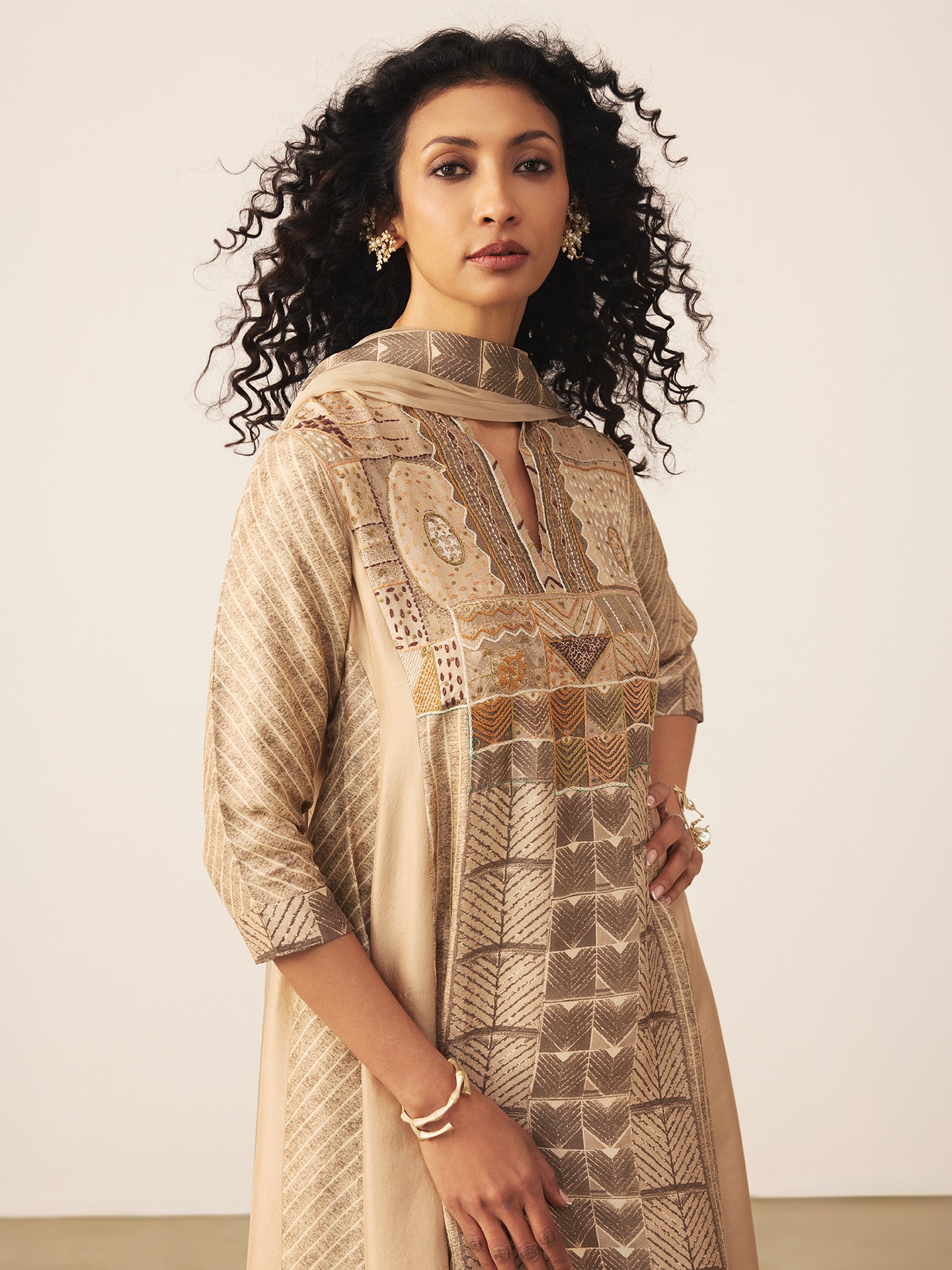 Beige & Brown Mashrudhari K Suit Set