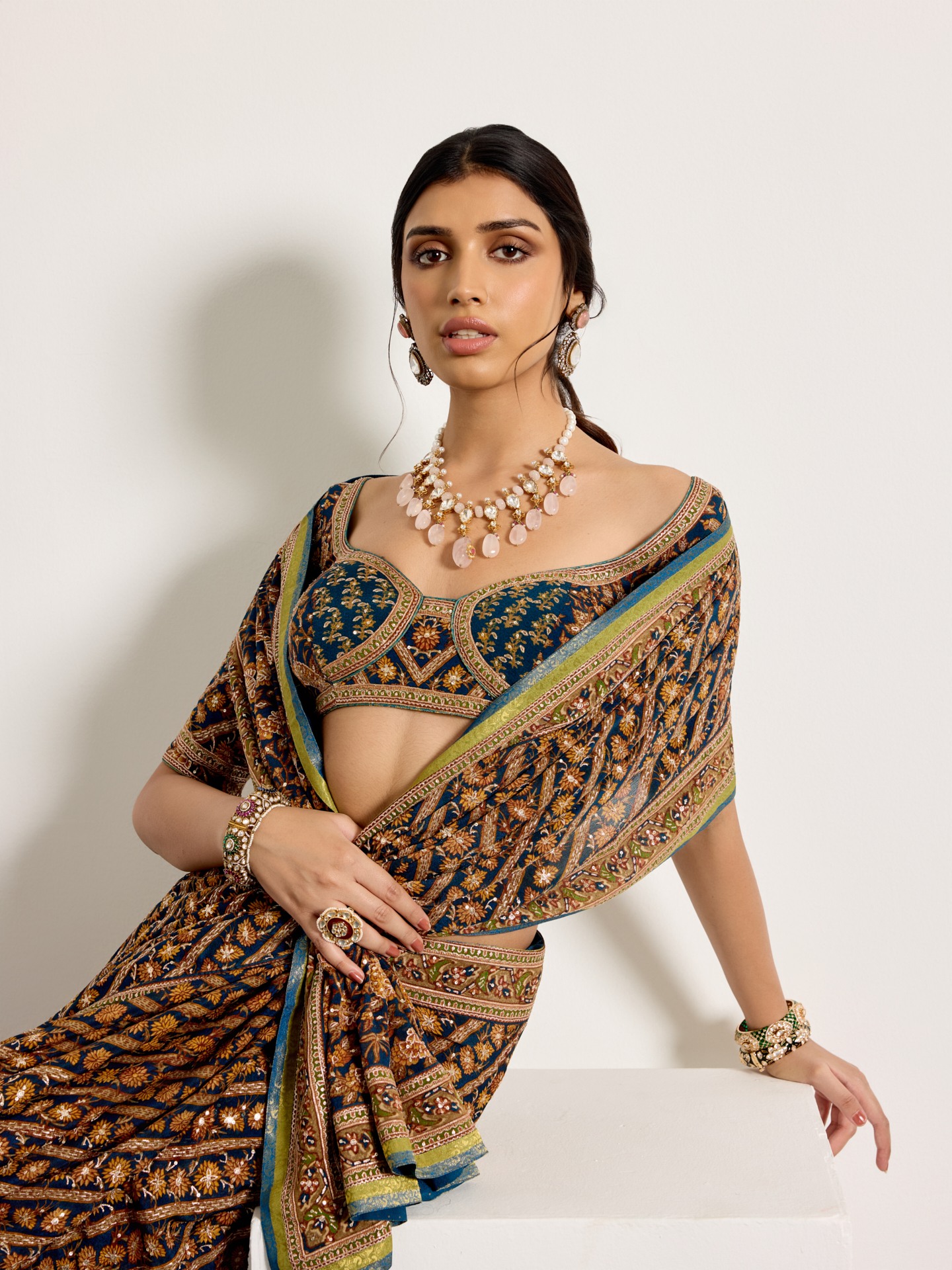Dark Teal Bougainvilla Saree