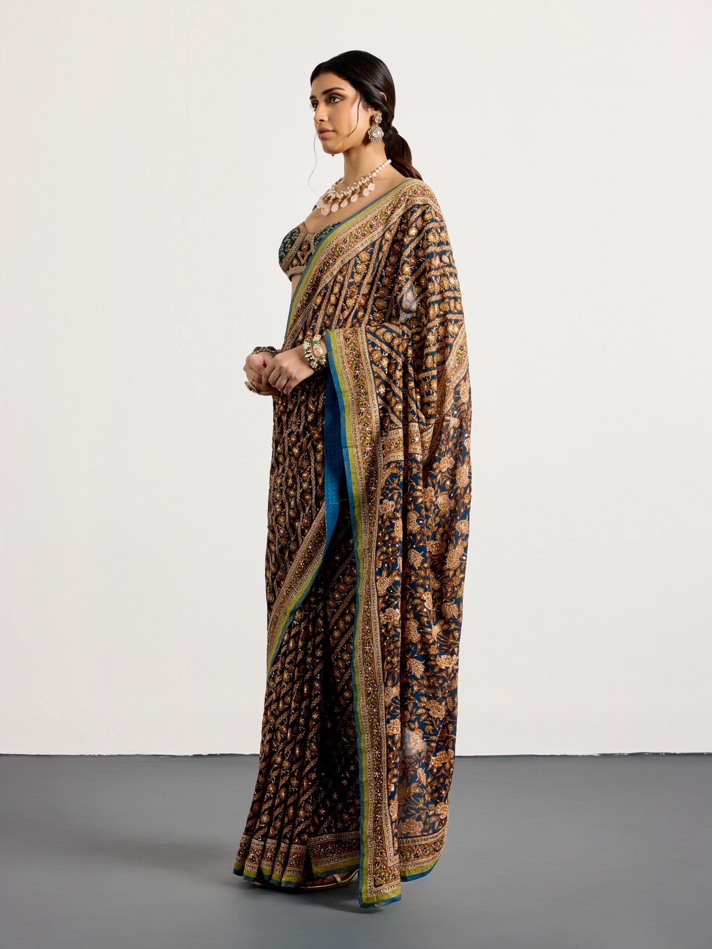 Dark Teal Bougainvilla Saree