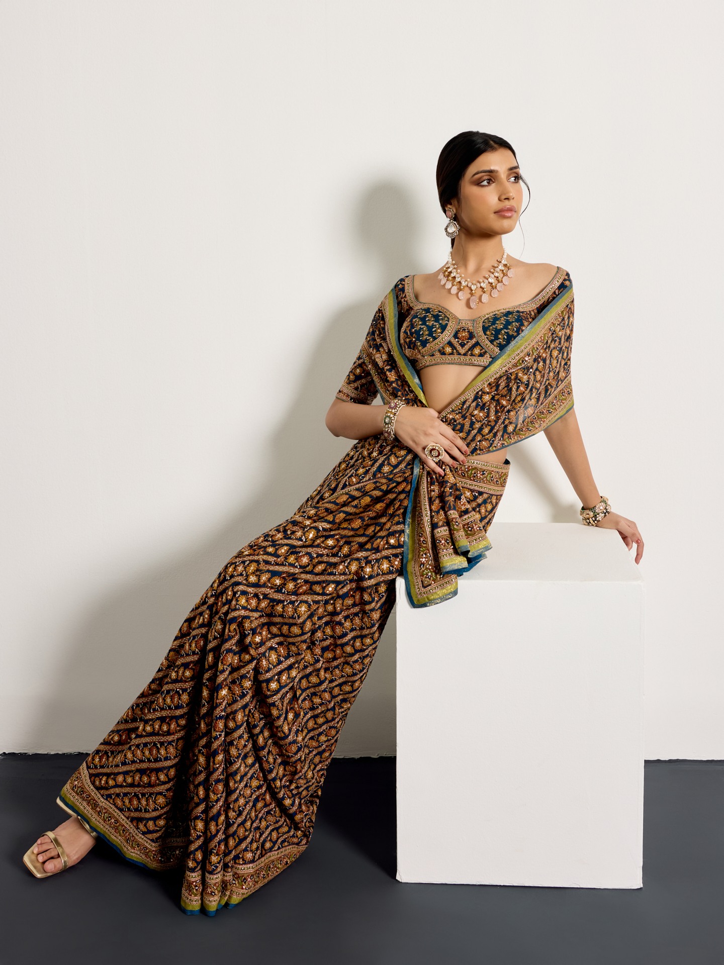 Dark Teal Bougainvilla Saree