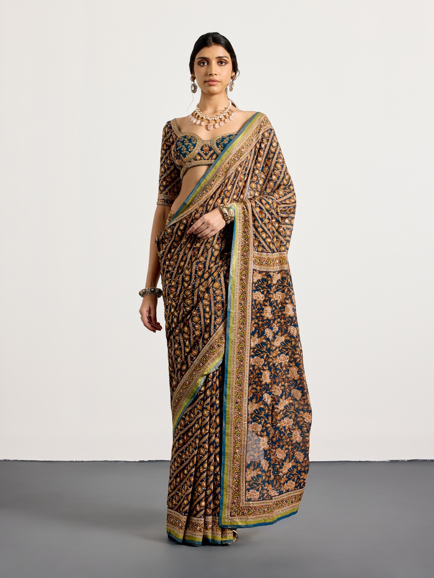 Dark Teal Bougainvilla Saree