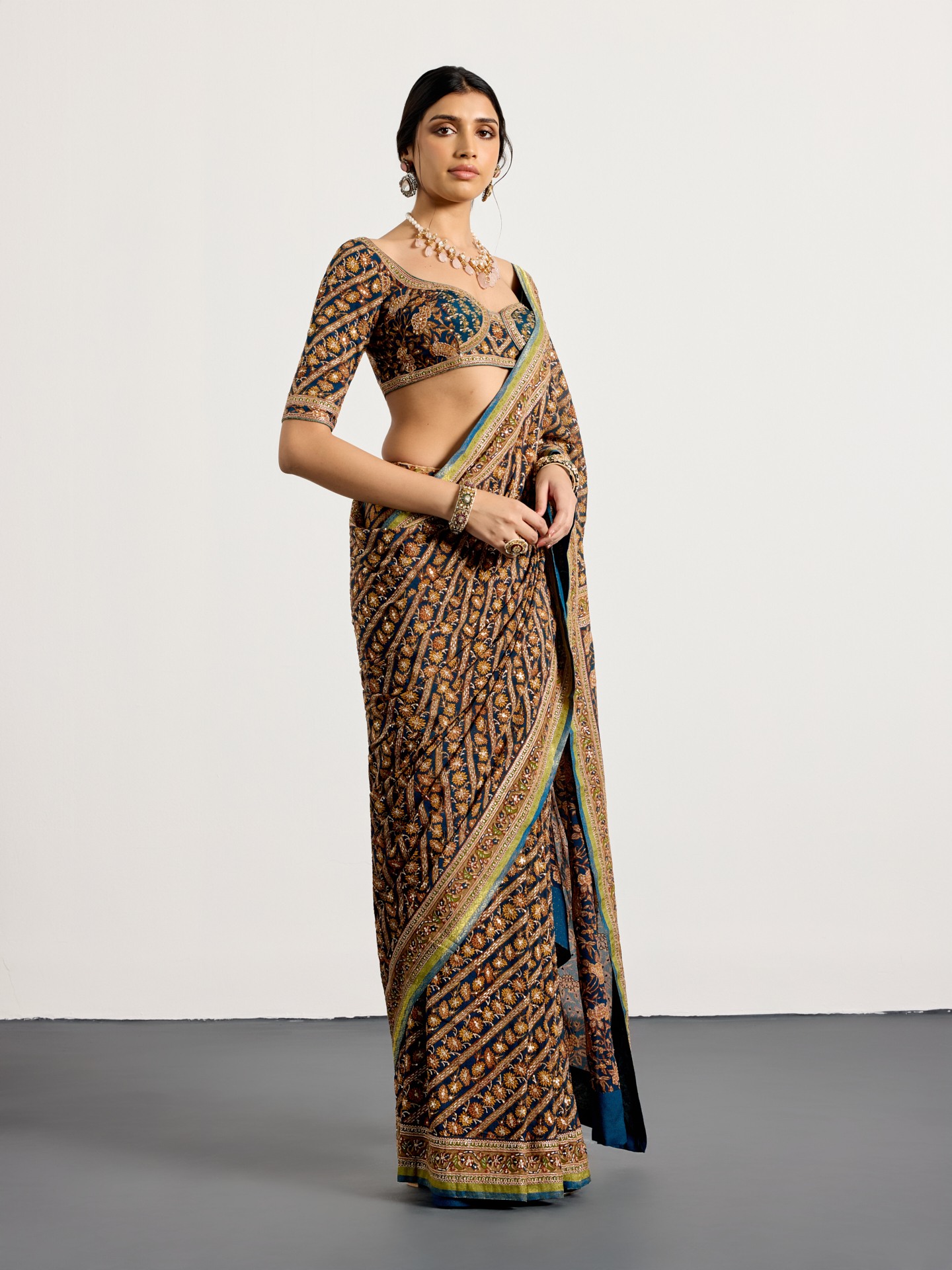 Dark Teal Bougainvilla Saree