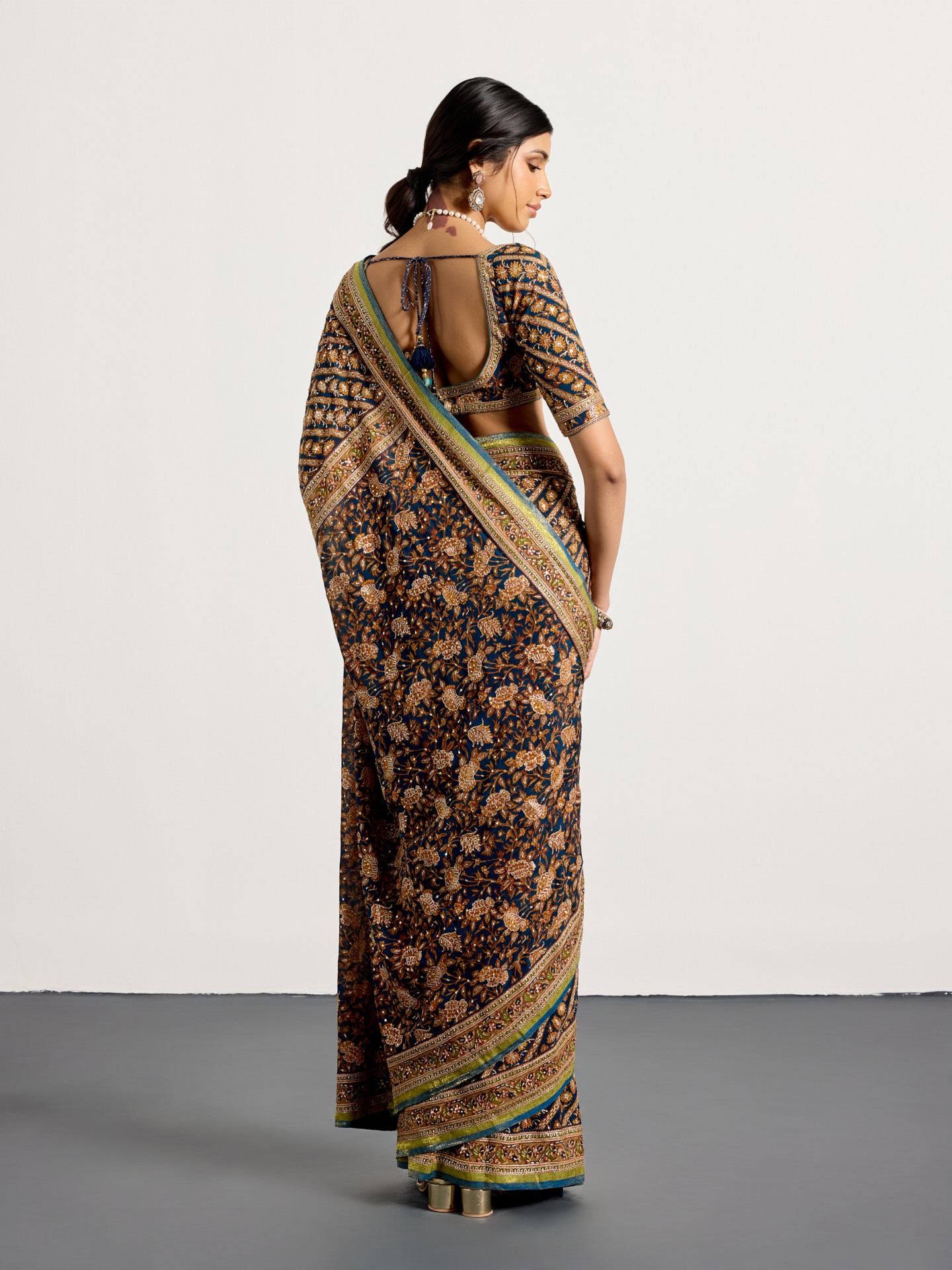 Dark Teal Bougainvilla Saree